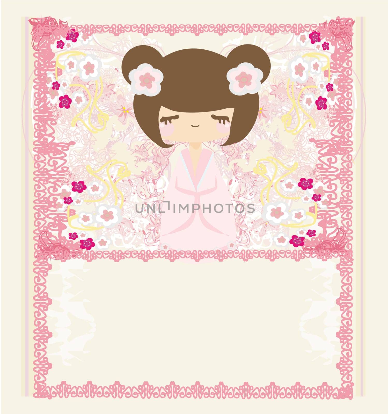 Kokeshi doll on the pink background with floral ornament