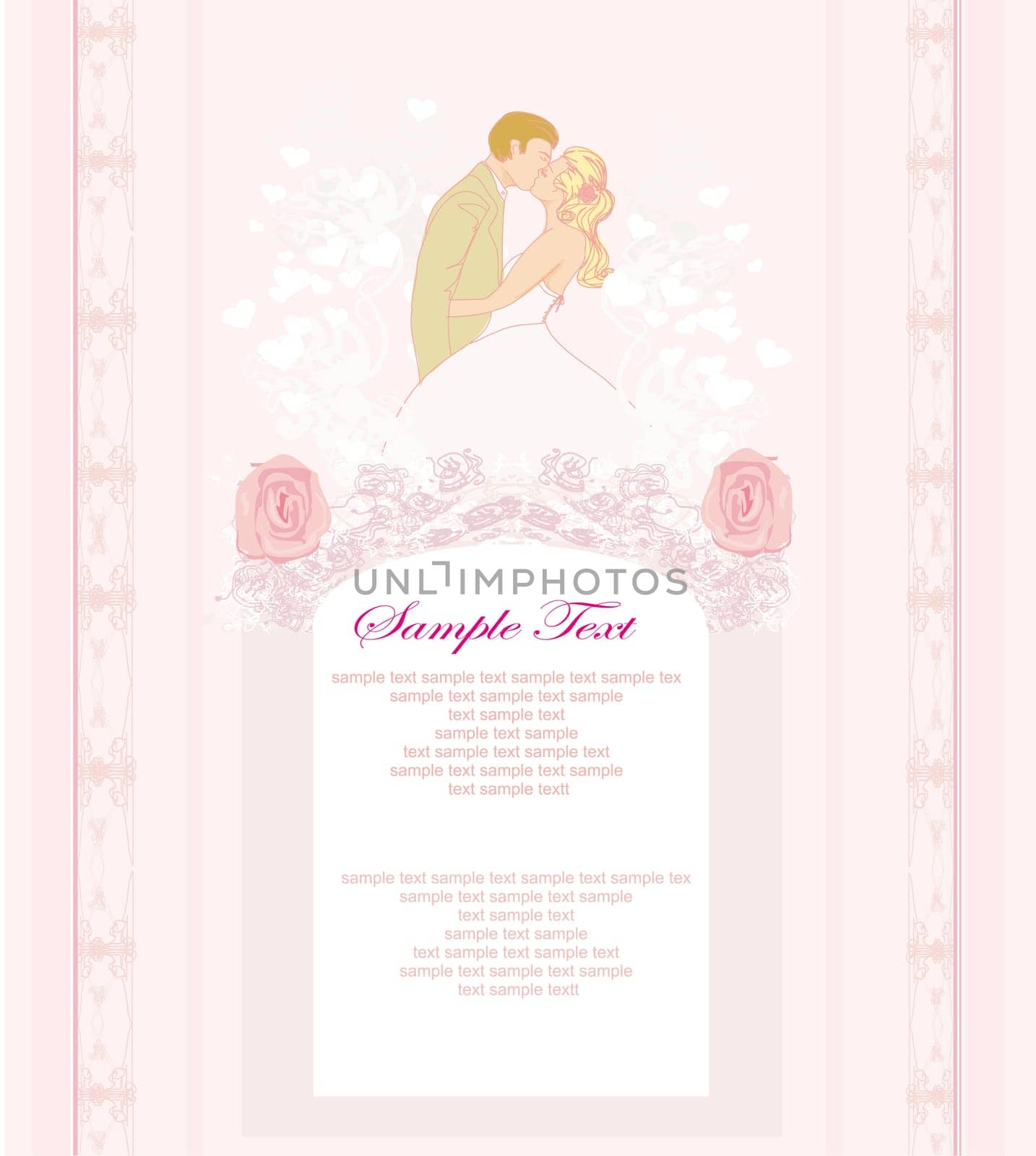 elegant wedding invitation with kissing wedding couple