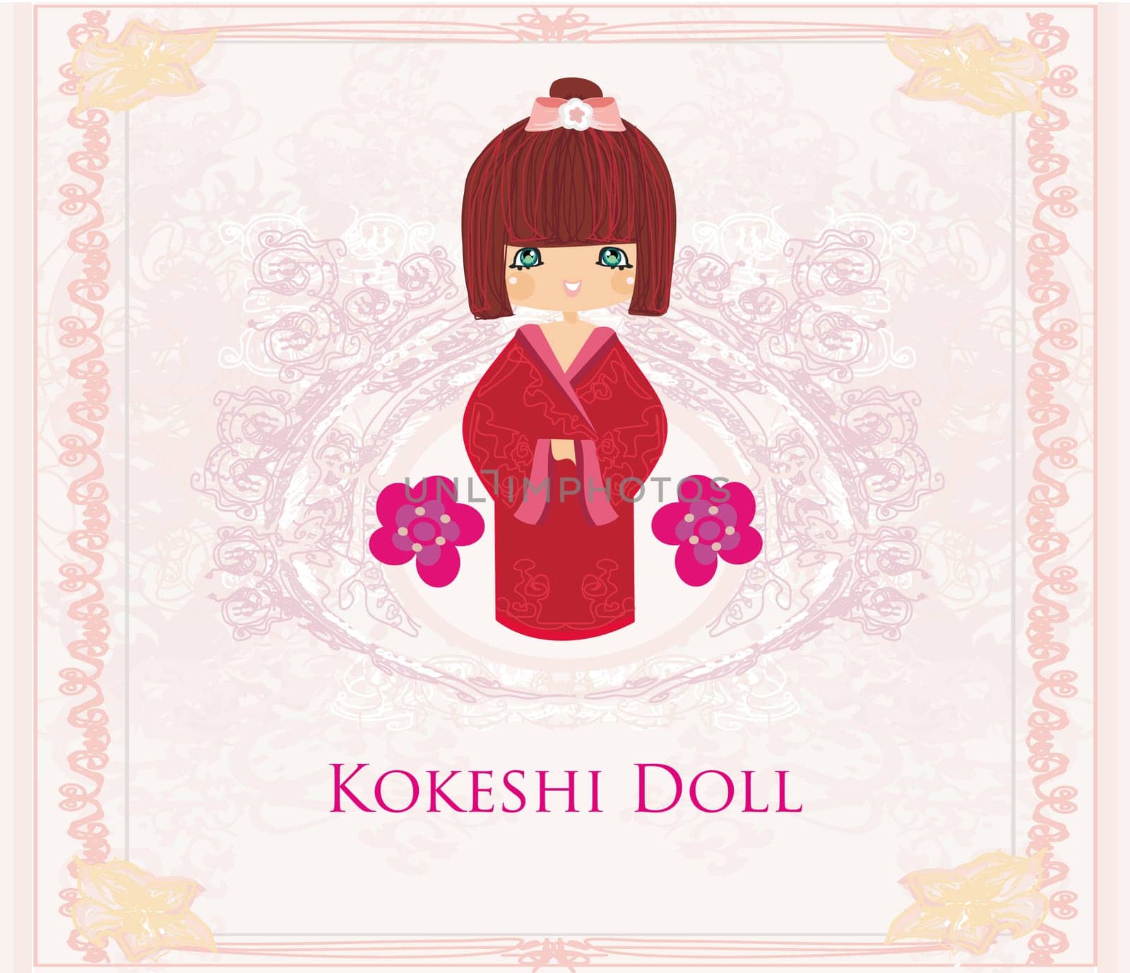Kokeshi doll on the pink background with floral ornament