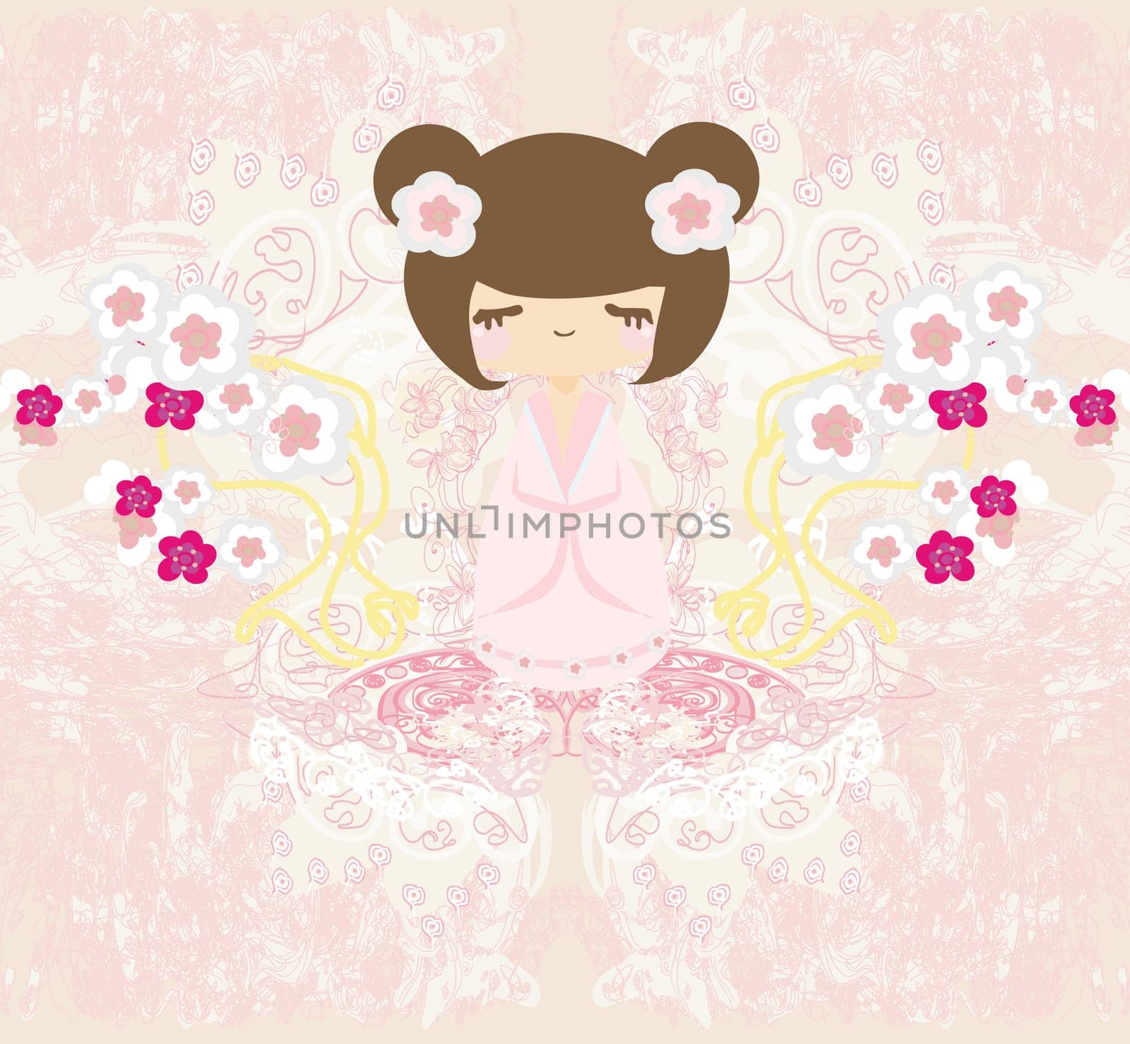 Kokeshi doll on the pink background with floral ornament