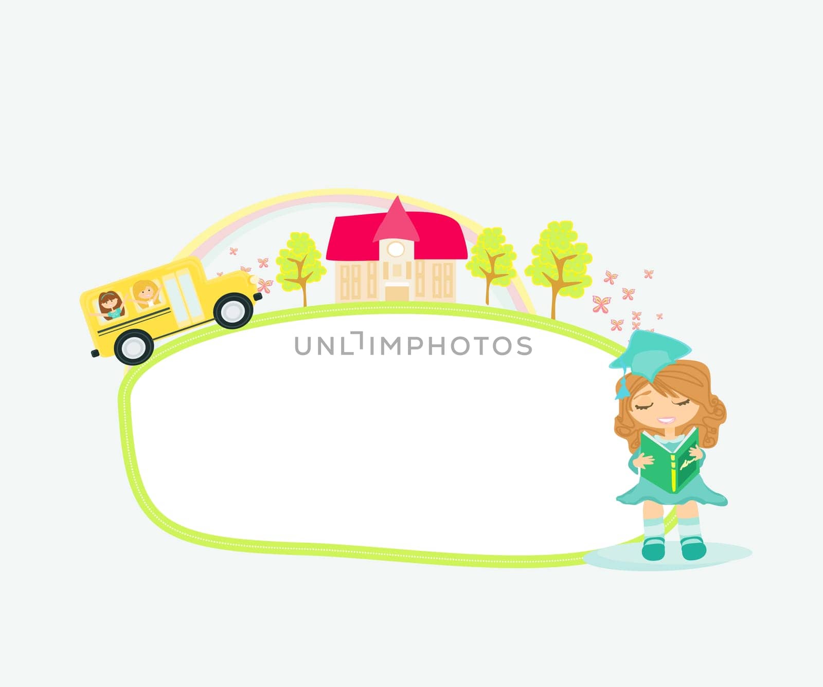 school bus heading to school with happy children