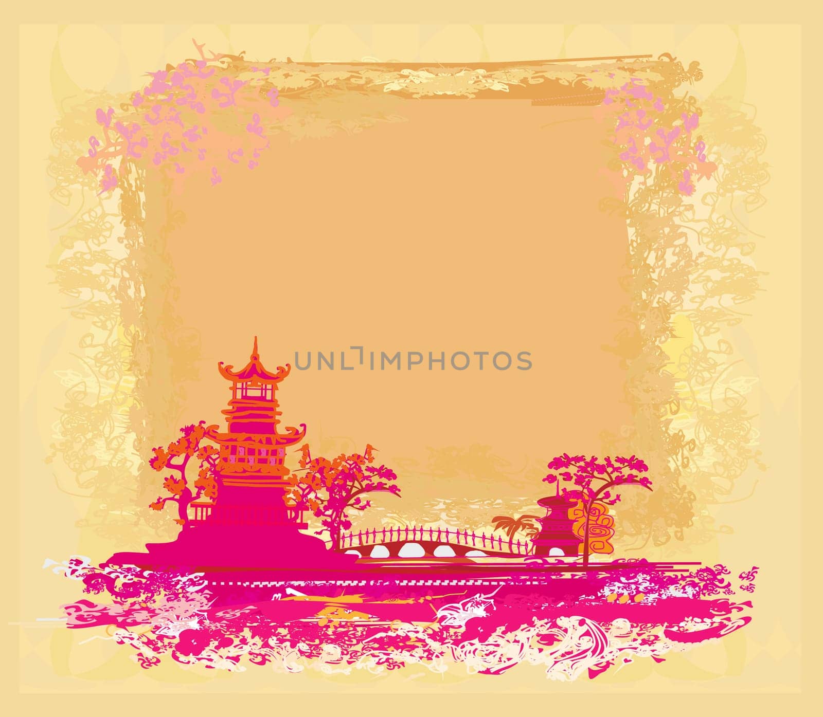 old paper with Japanese temple on abstract Asian Landscape