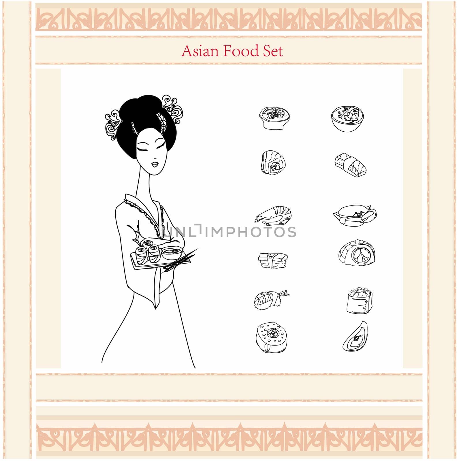 Asaian girl and sushi menu doodle set