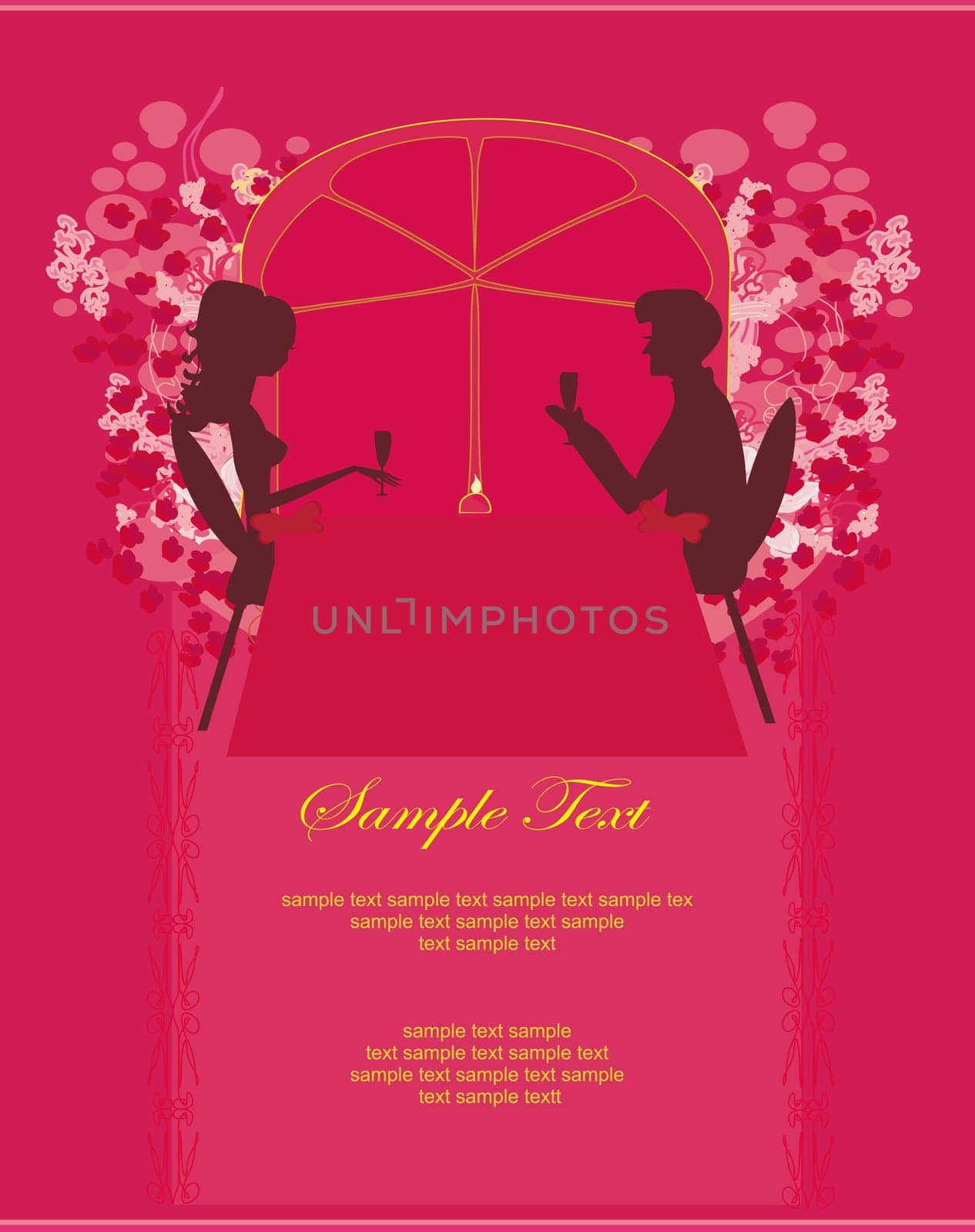 Young couple silhouette flirt and drink champagne card