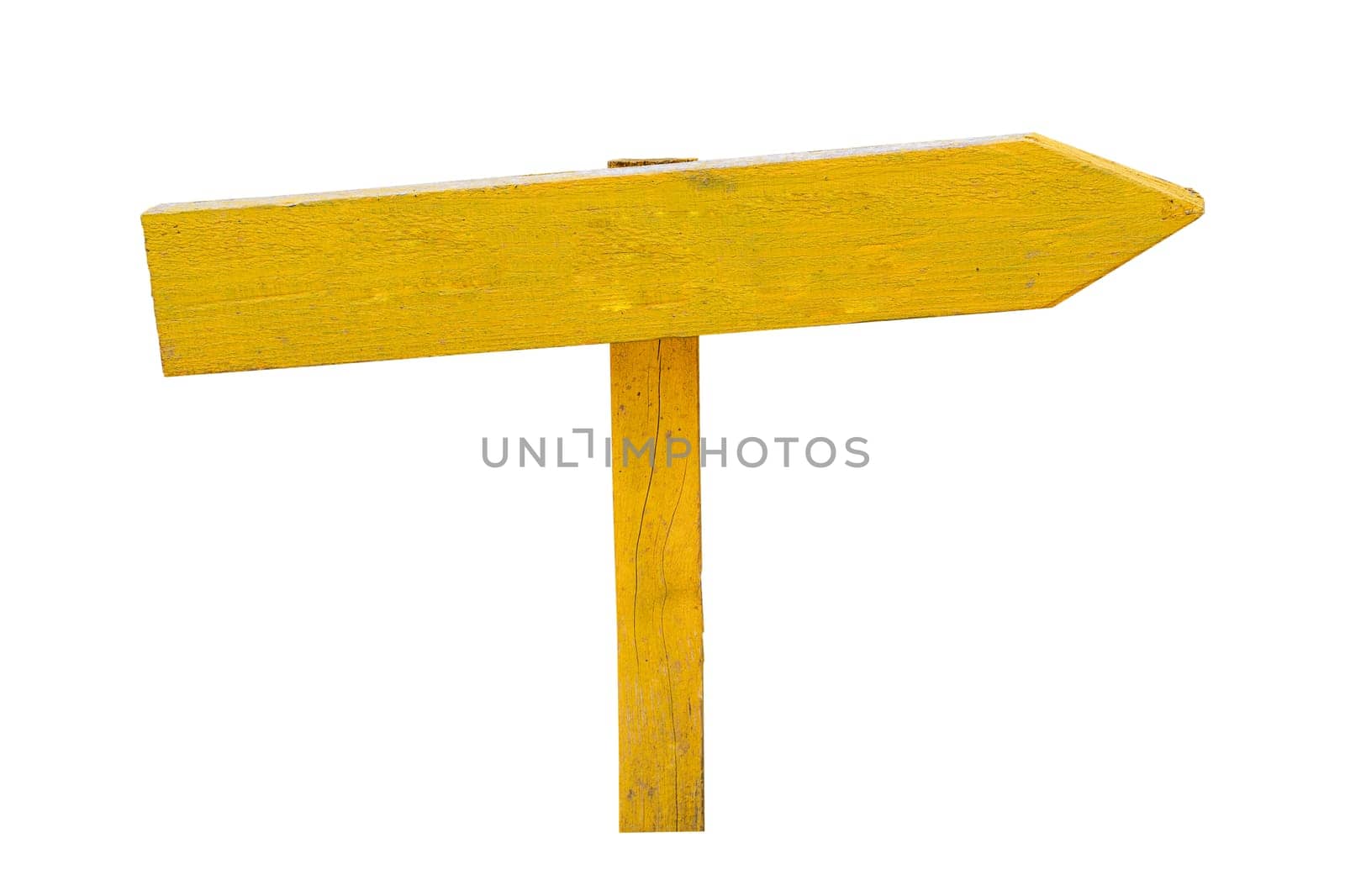 closeup front view of wooden blank yellow arrow direction sign pointing right isolated on white background