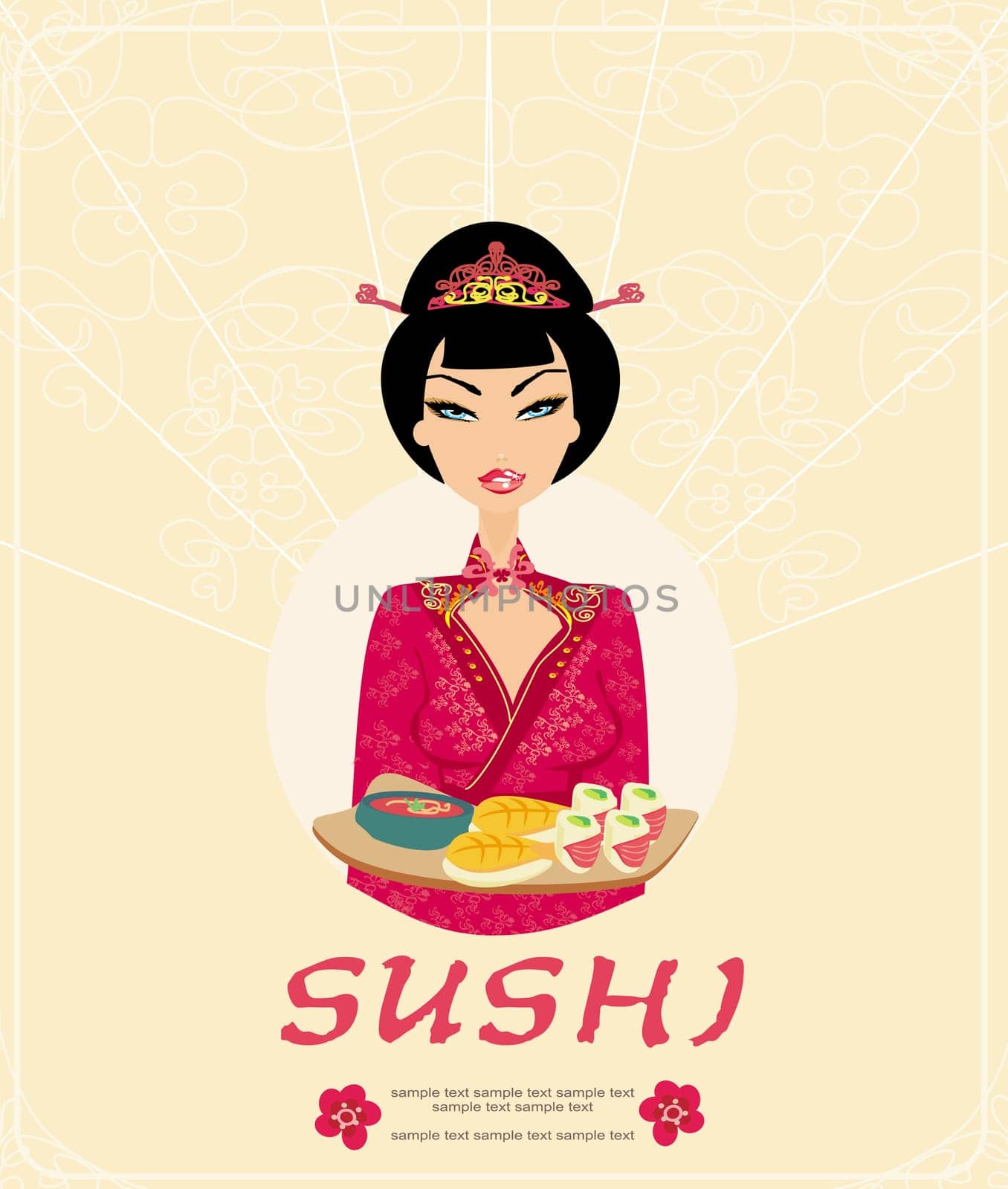 beautiful Asian girl enjoy sushi - card