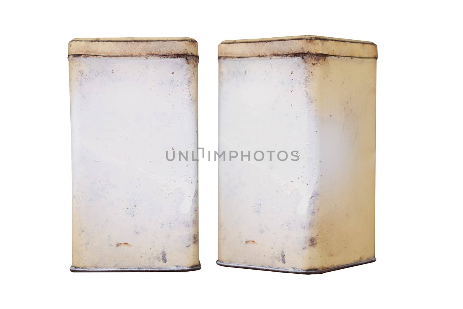 front view and side view closeup of vintage kitchen food storage rusted metallic containers isolated on white background