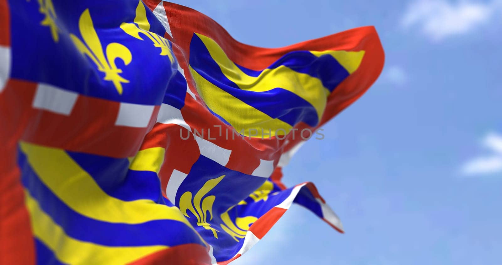 Rear view of the Burgundy flag waving in the wind on a clear day. Burgundy is a historical territory and former administrative region and province of east-central France. Selective focus