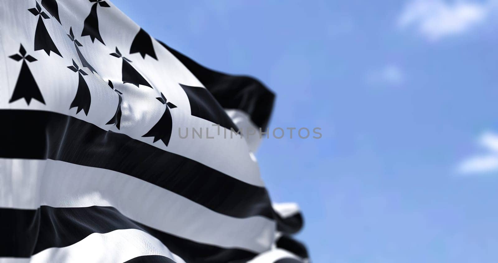 Rear view of the Brittany flag waving in the wind on a clear day. Brittany is a peninsula, historical country, and cultural area in the west of France. Selective focus.