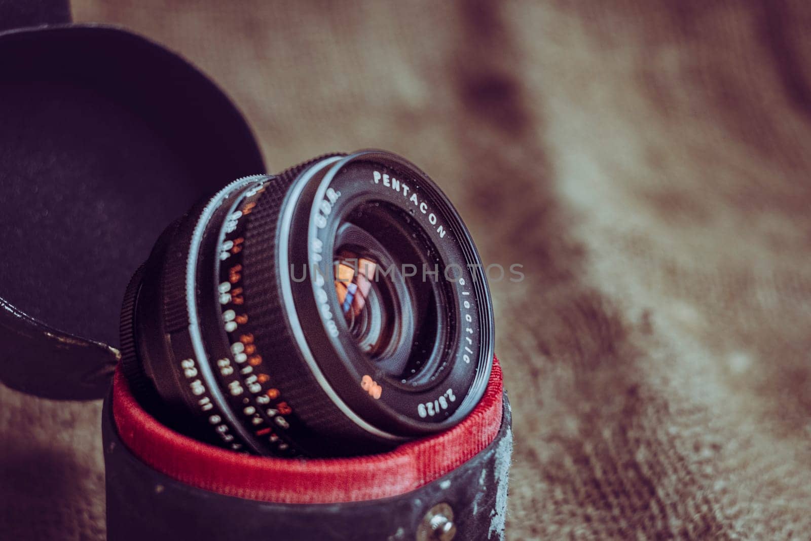 Antwerp, Belgium, June 2022, Illustrative Editorial: Shot of vintage Pentacon Electric camera lens, made in the DDR. Many enthusiasts mount vintage lenses on their digital camera.