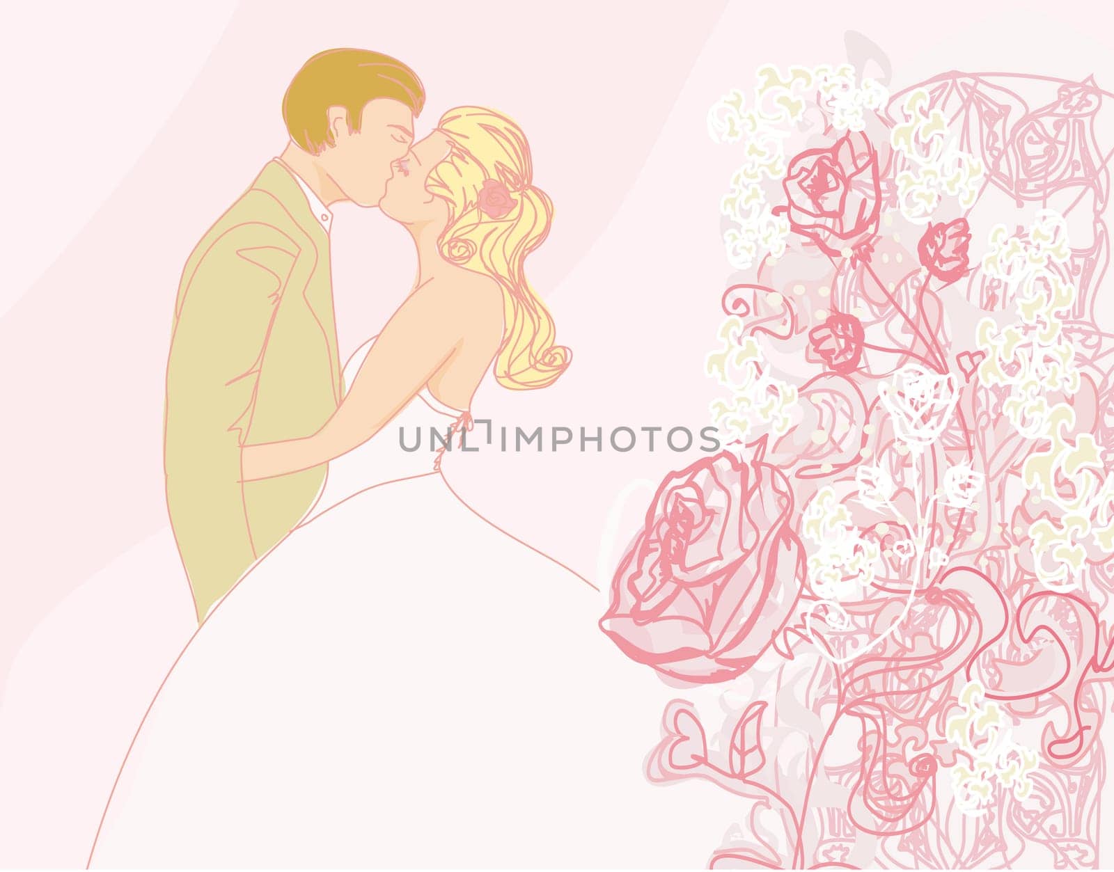 elegant wedding invitation with kissing wedding couple