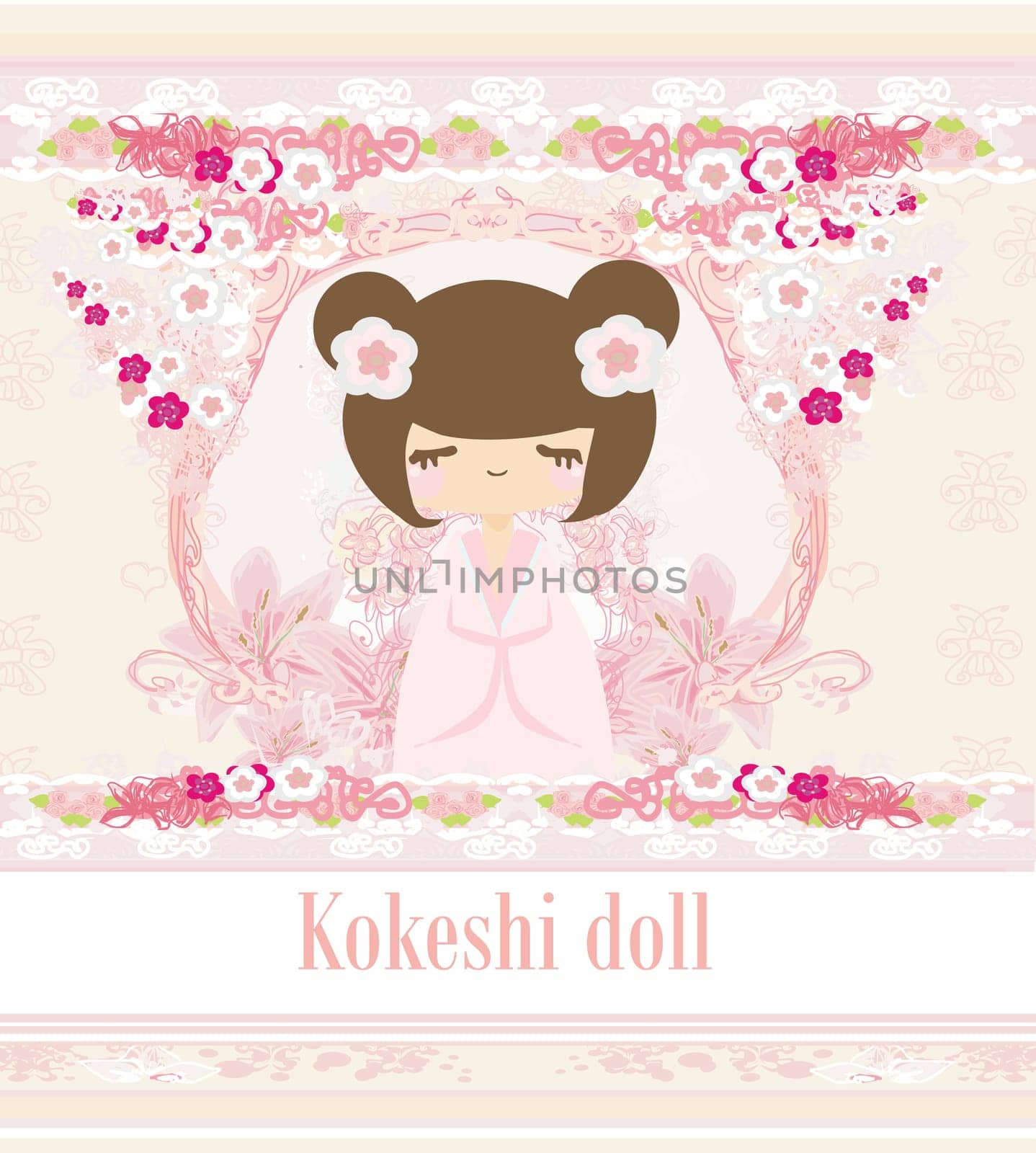 Kokeshi doll on the pink background with floral ornament