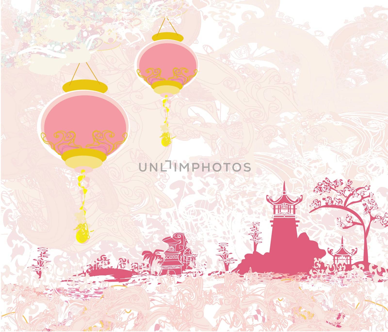 old paper with Asian Landscape and Chinese Lanterns - vintage japanese style background