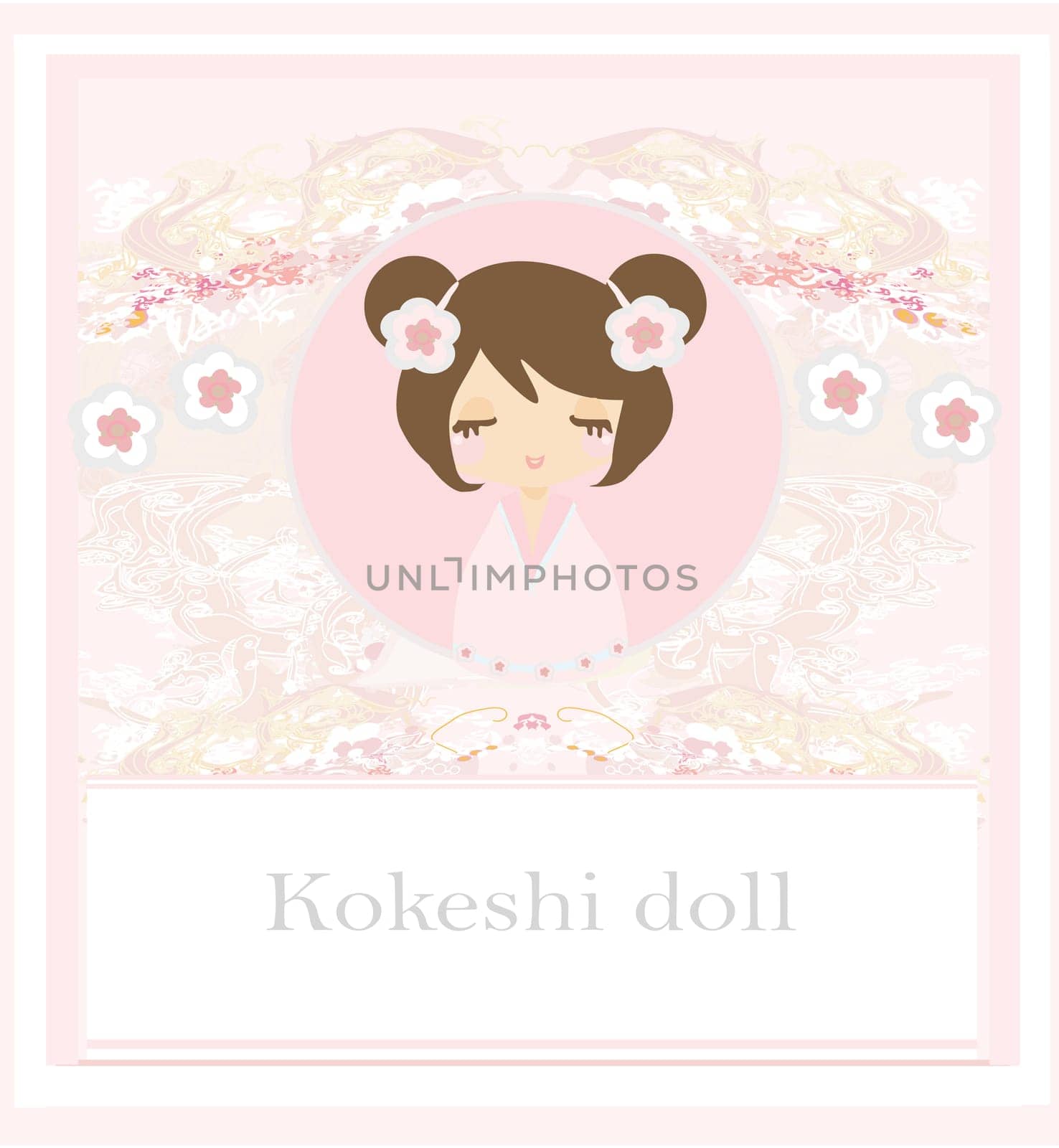 Kokeshi doll on the pink background with floral ornament