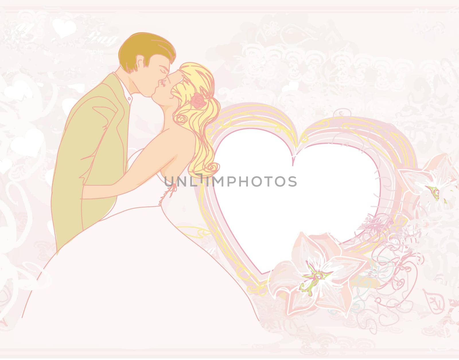 elegant wedding invitation with kissing wedding couple