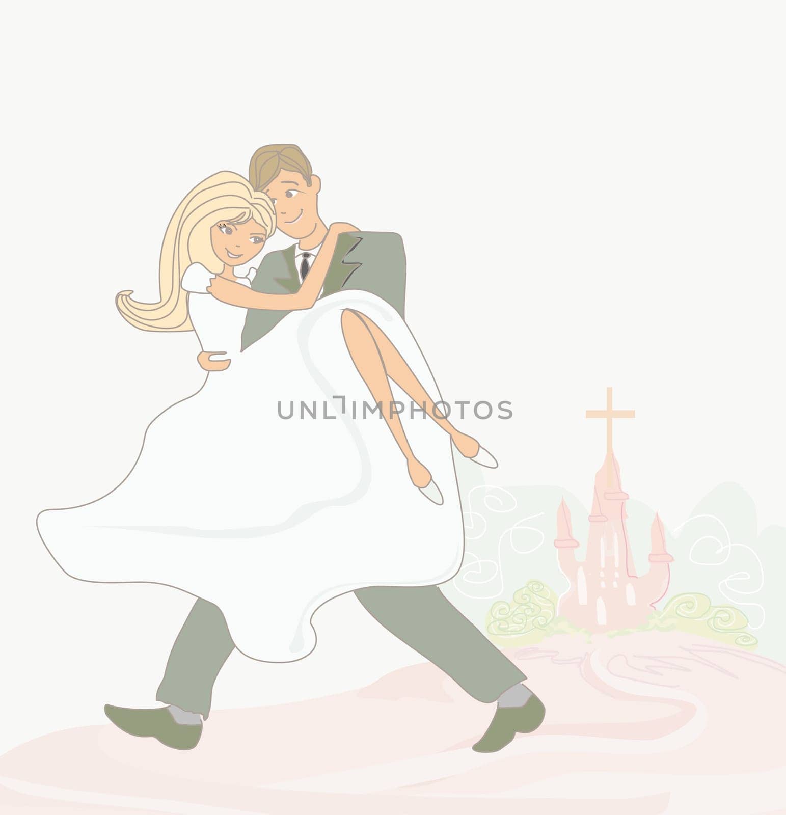 wedding couple and church on background