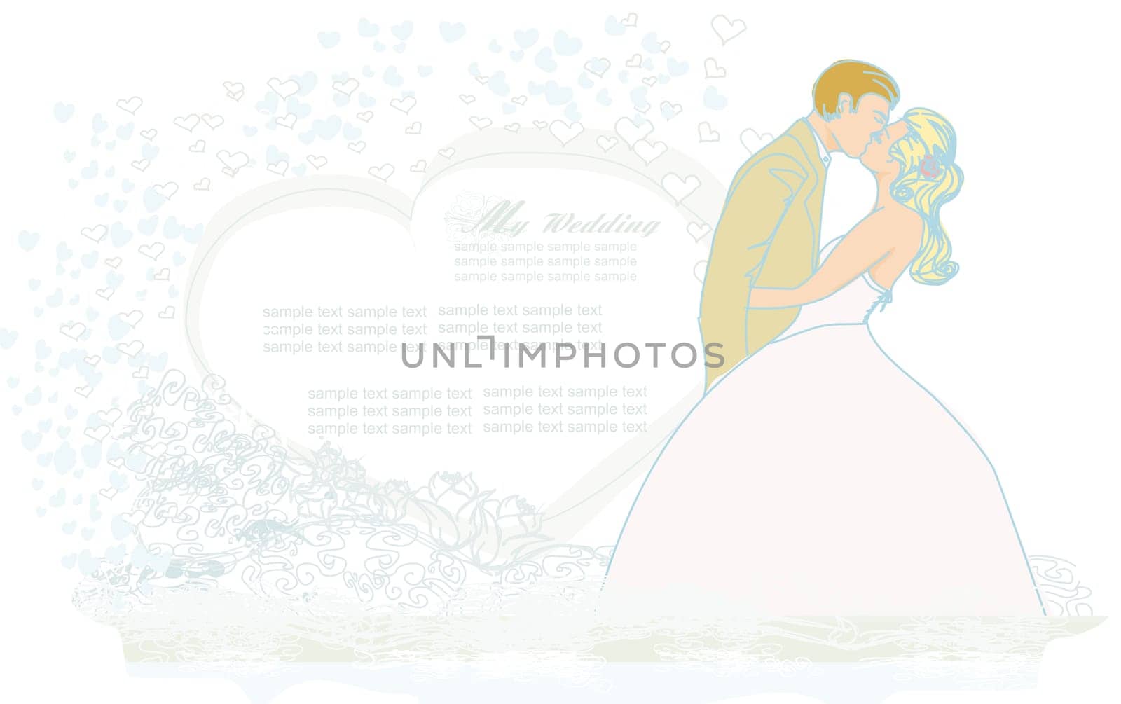 elegant wedding invitation with kissing wedding couple