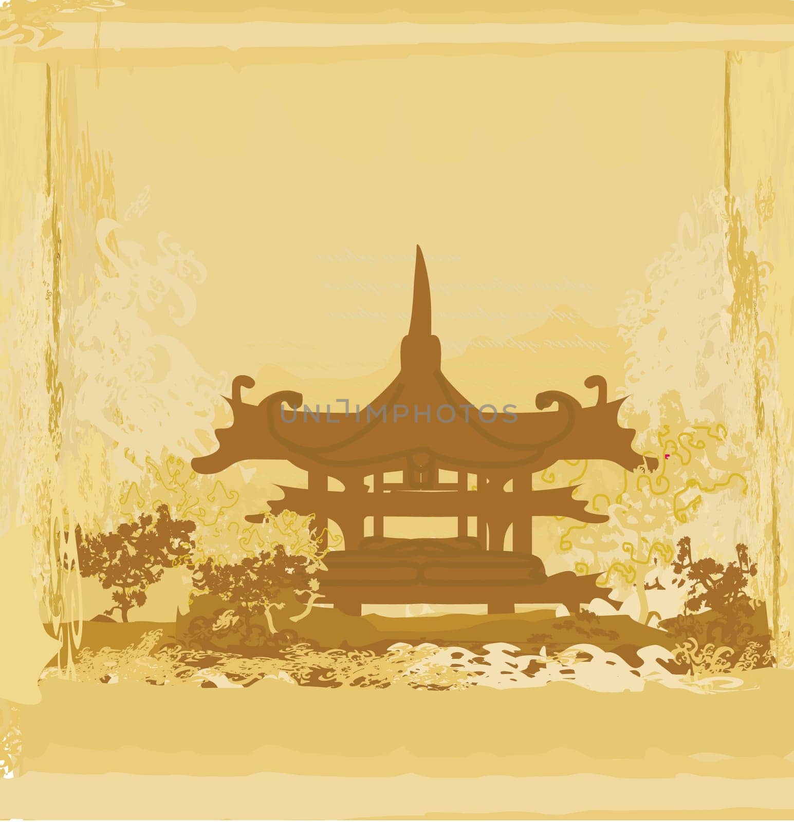old paper with Chinese temple on abstract Asian Landscape