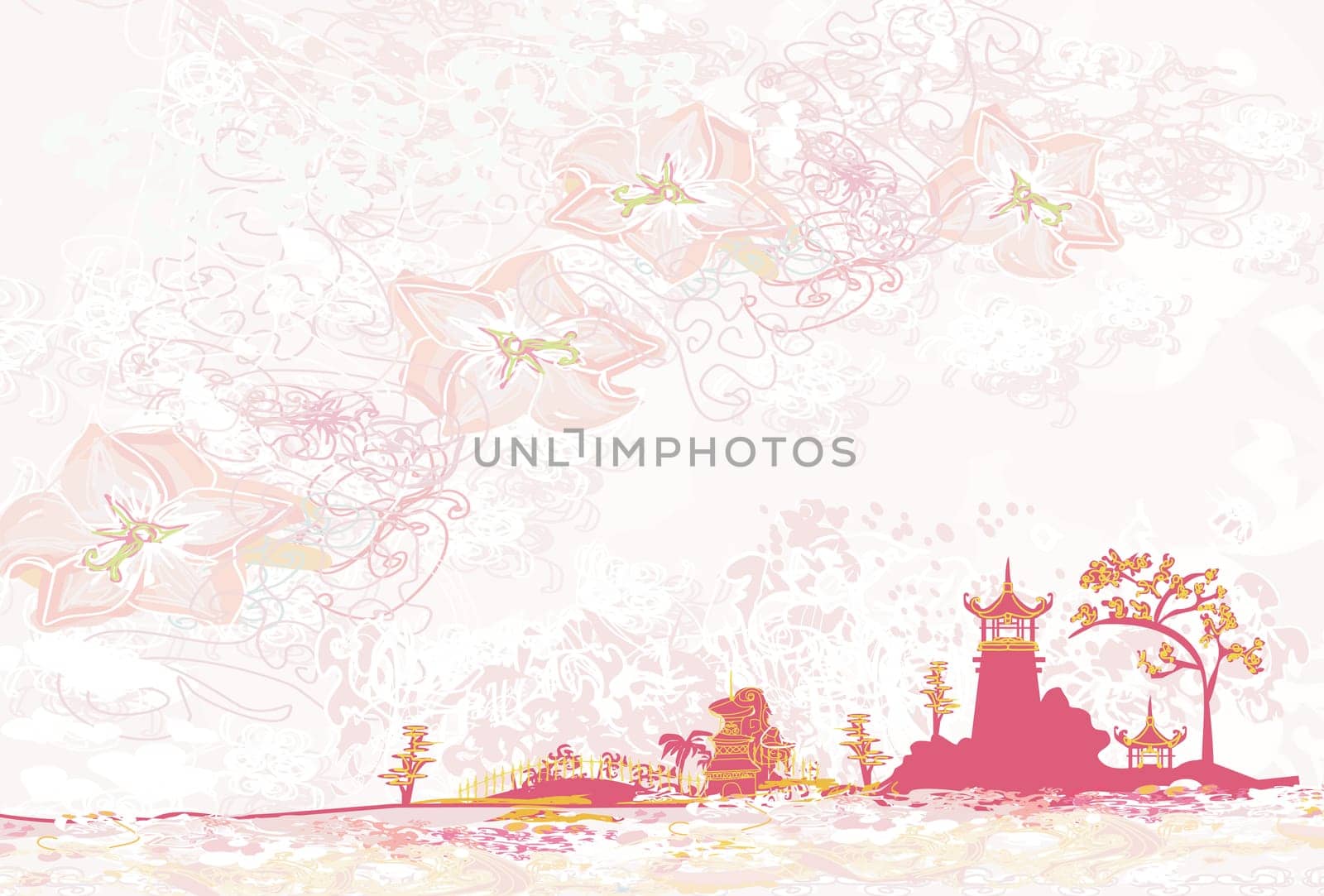 old paper with Chinese temple on abstract Asian Landscape