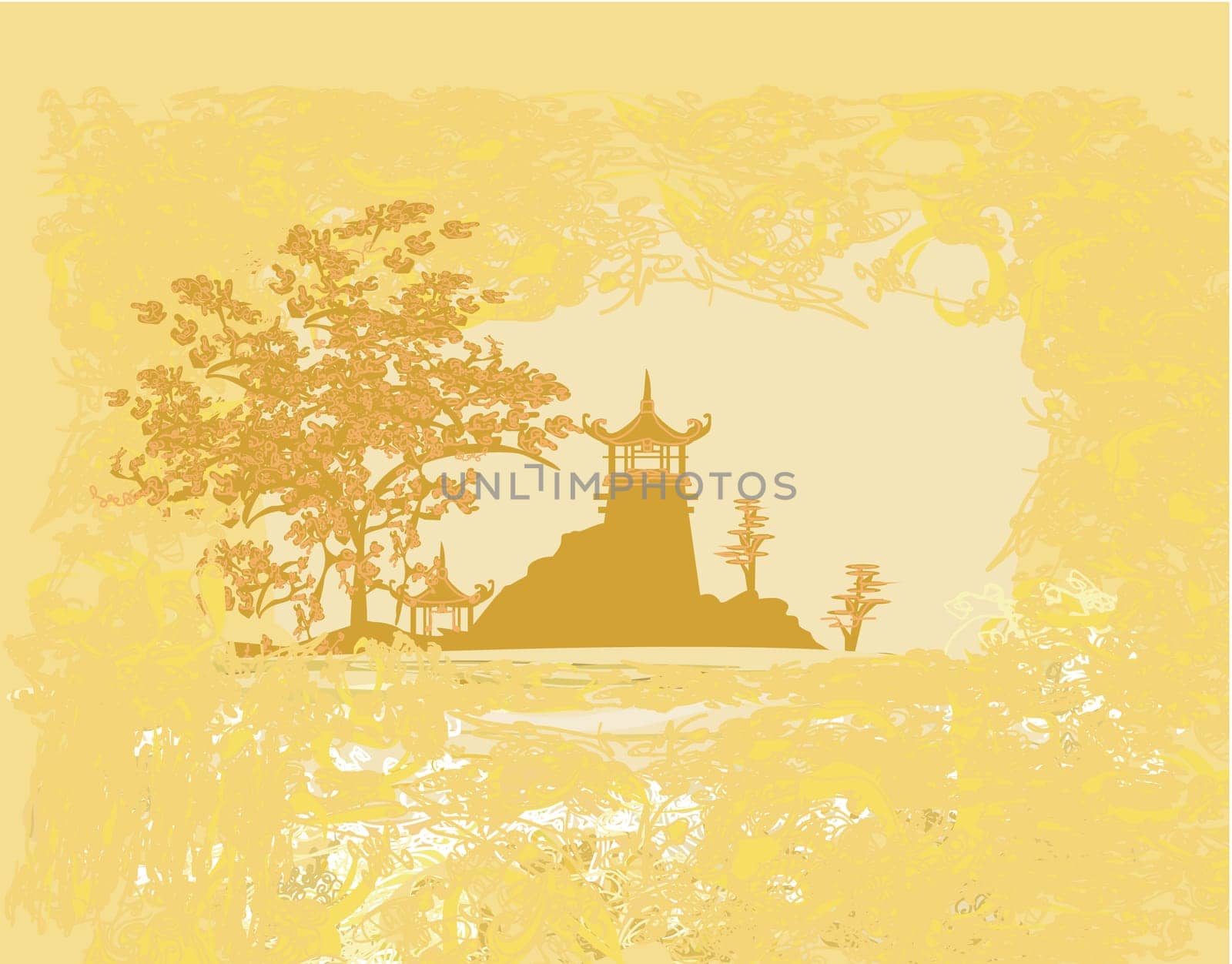 old paper with Chinese temple on abstract Asian Landscape