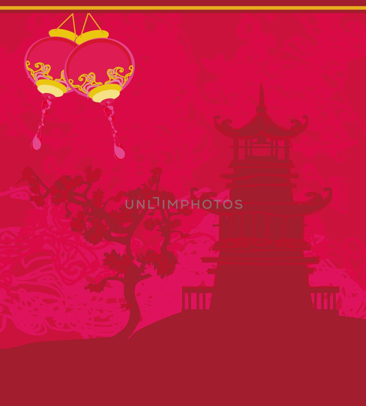 old paper with Asian Landscape and Chinese Lanterns - vintage japanese style background