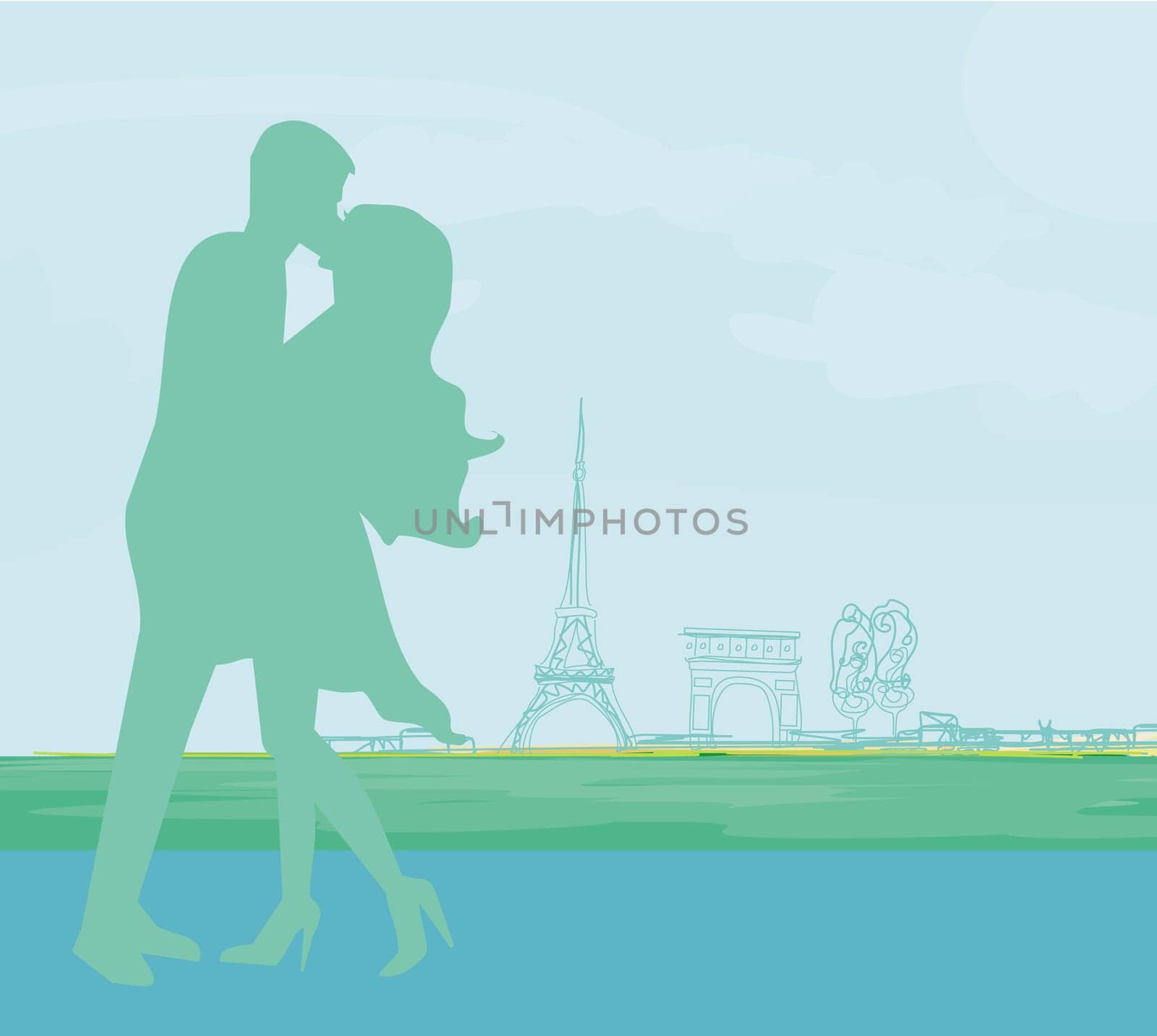 Romantic couple in Paris kissing near the Eiffel Tower