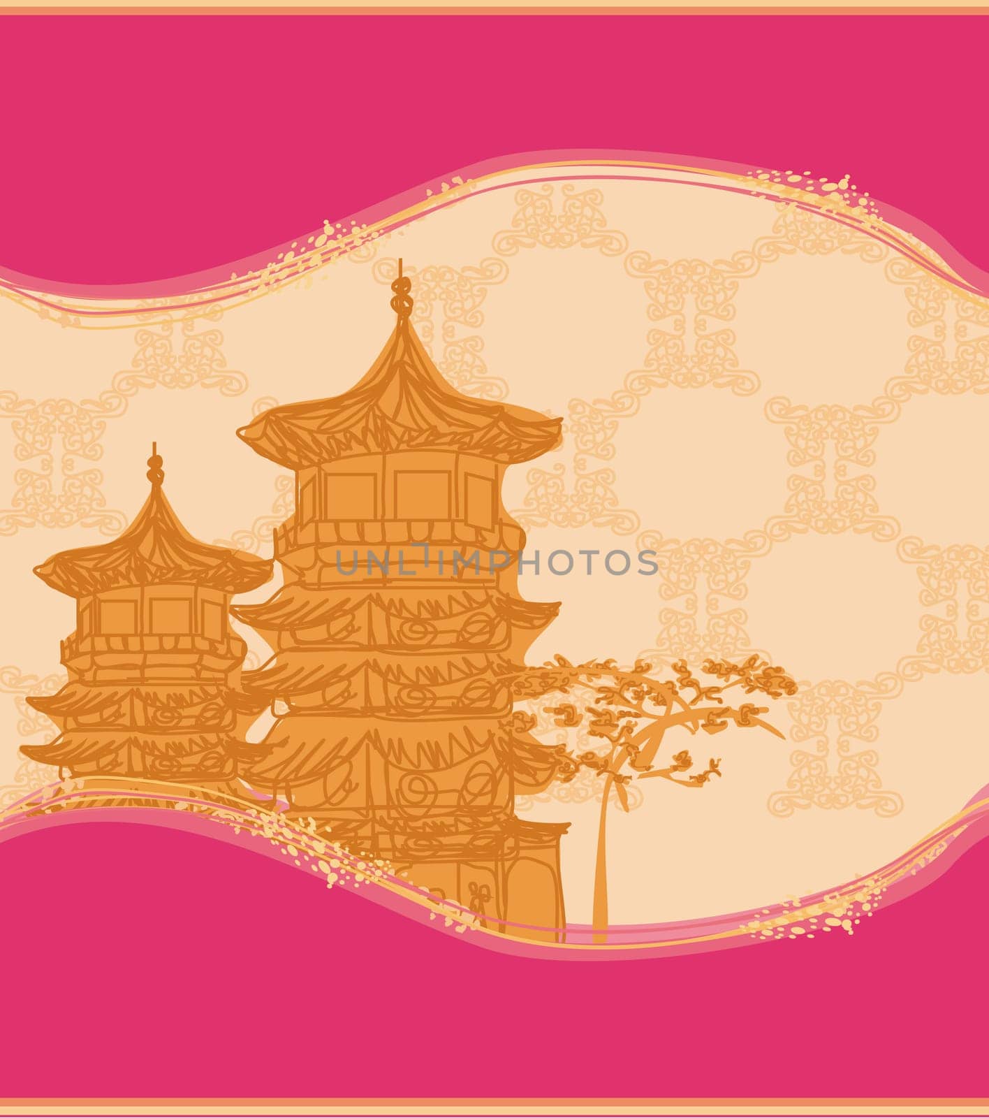 old paper with Chinese temple on abstract Asian Landscape