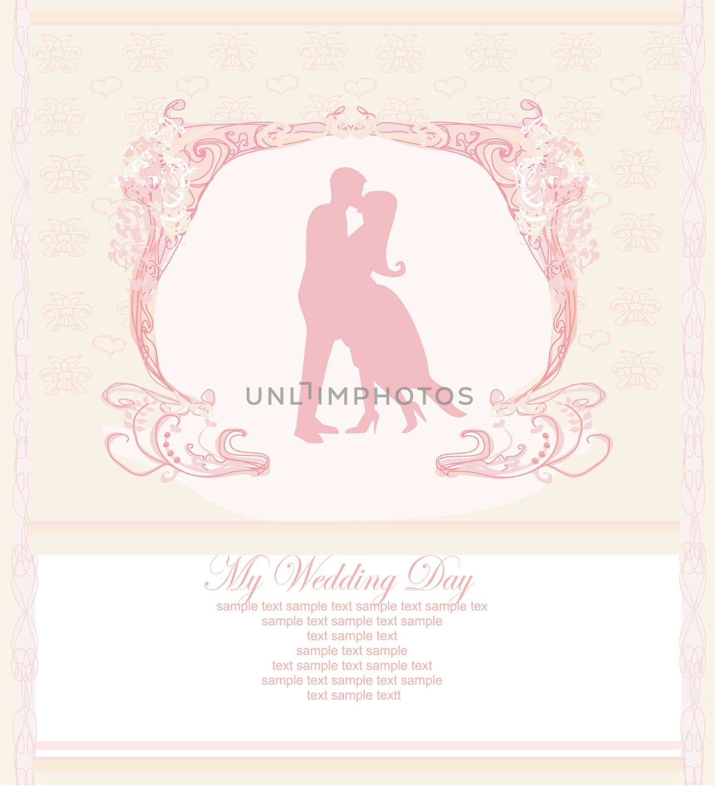 Floral greeting card with silhouette of romantic couple
