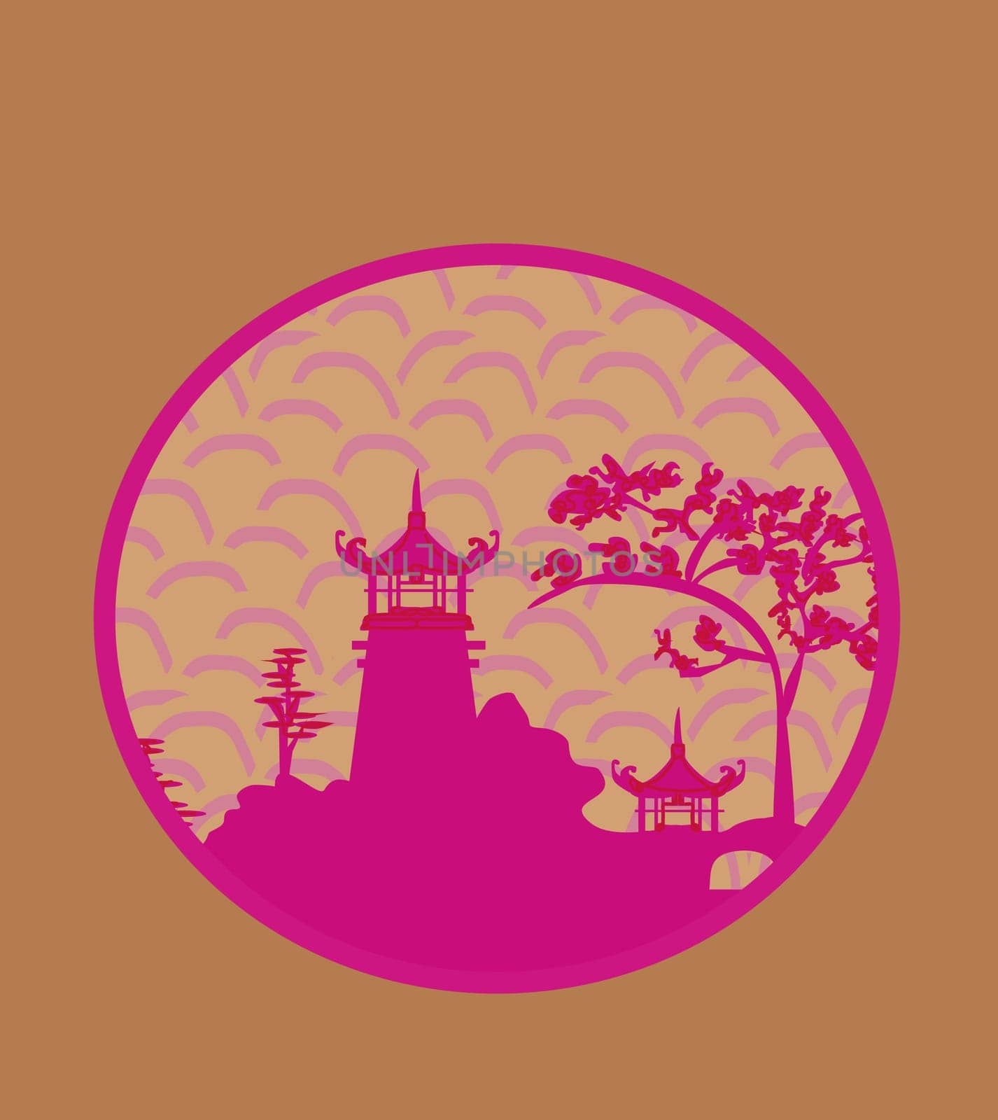 old paper with Chinese temple on abstract Asian Landscape
