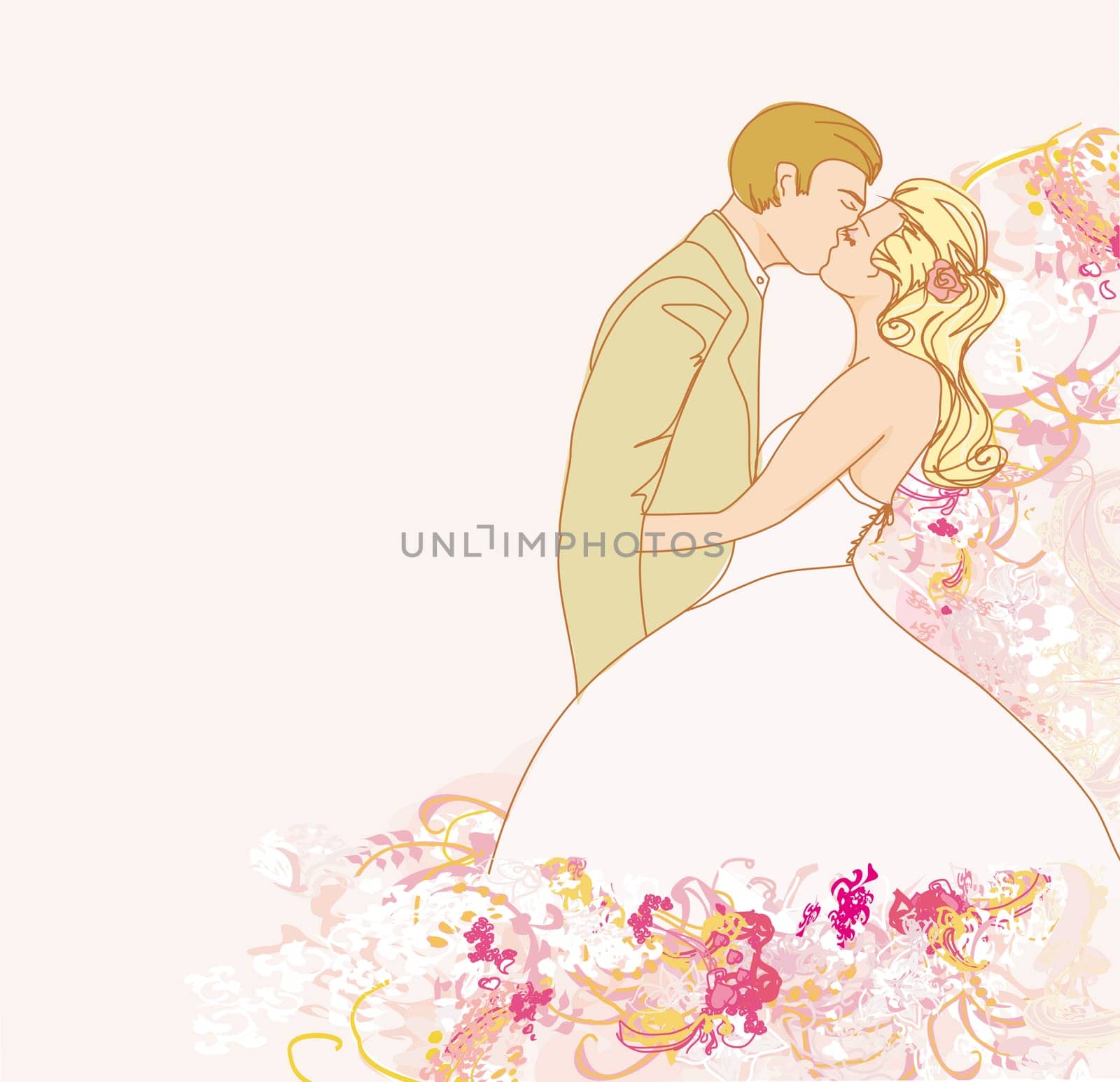 elegant wedding invitation with wedding couple kissing