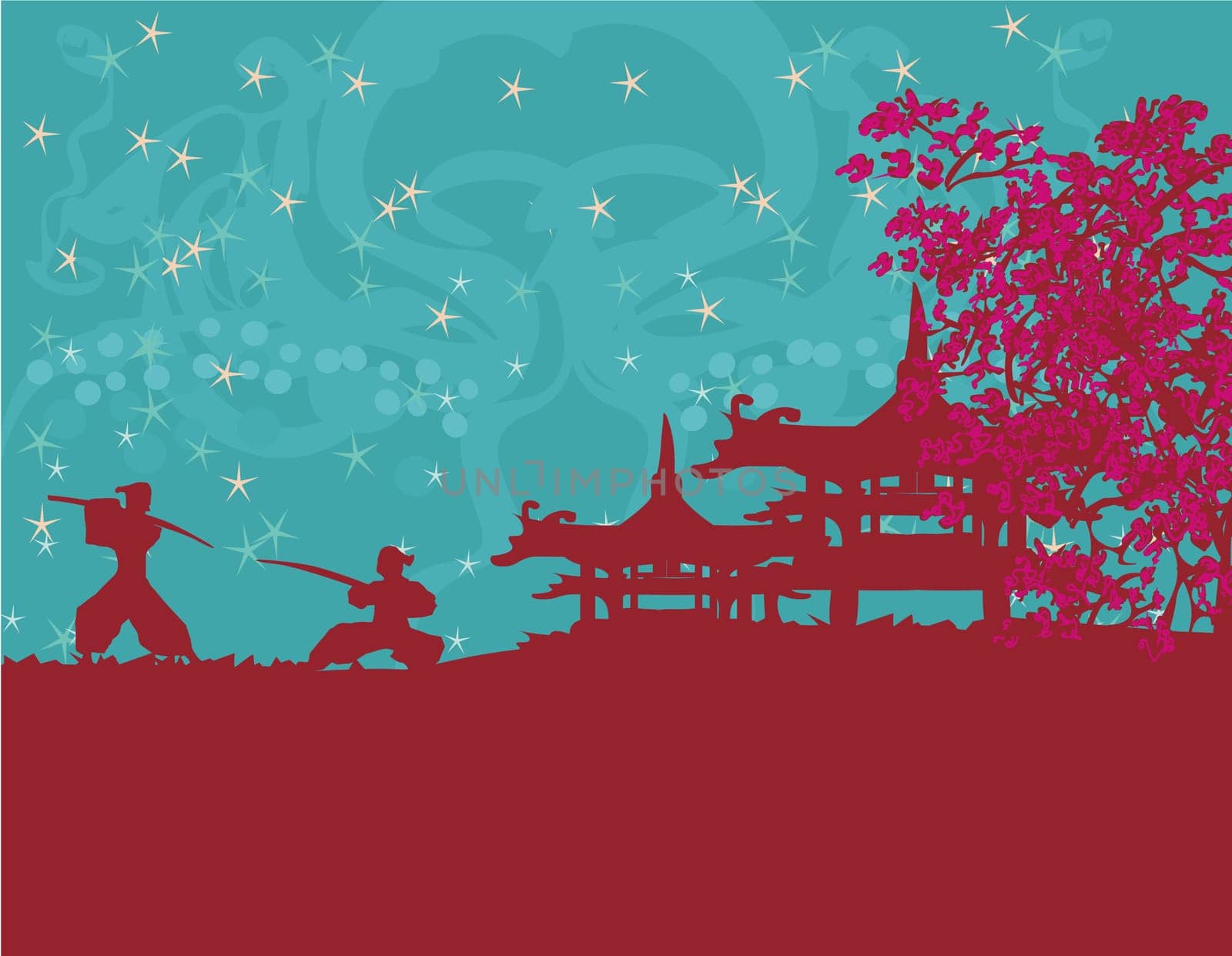 Samurai silhouette in Asian Landscape
