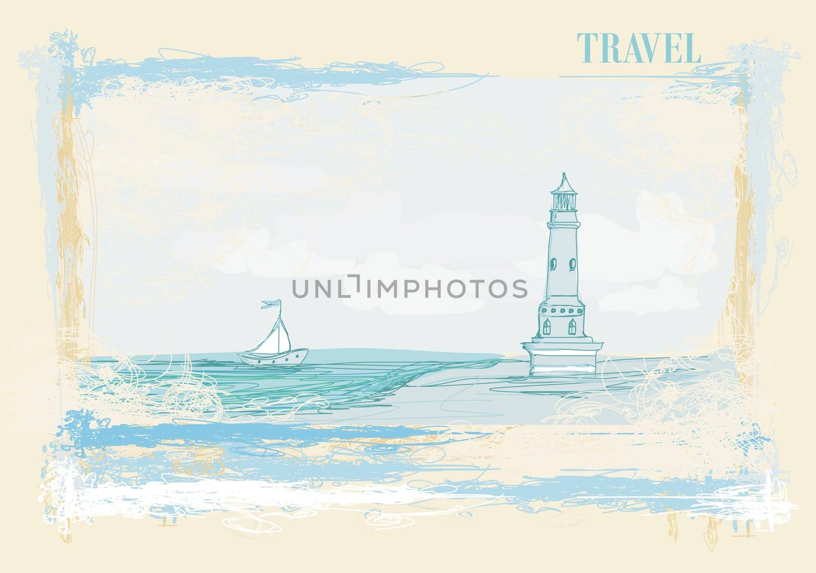 lighthouse seen from a tiny beach - Grunge Poster