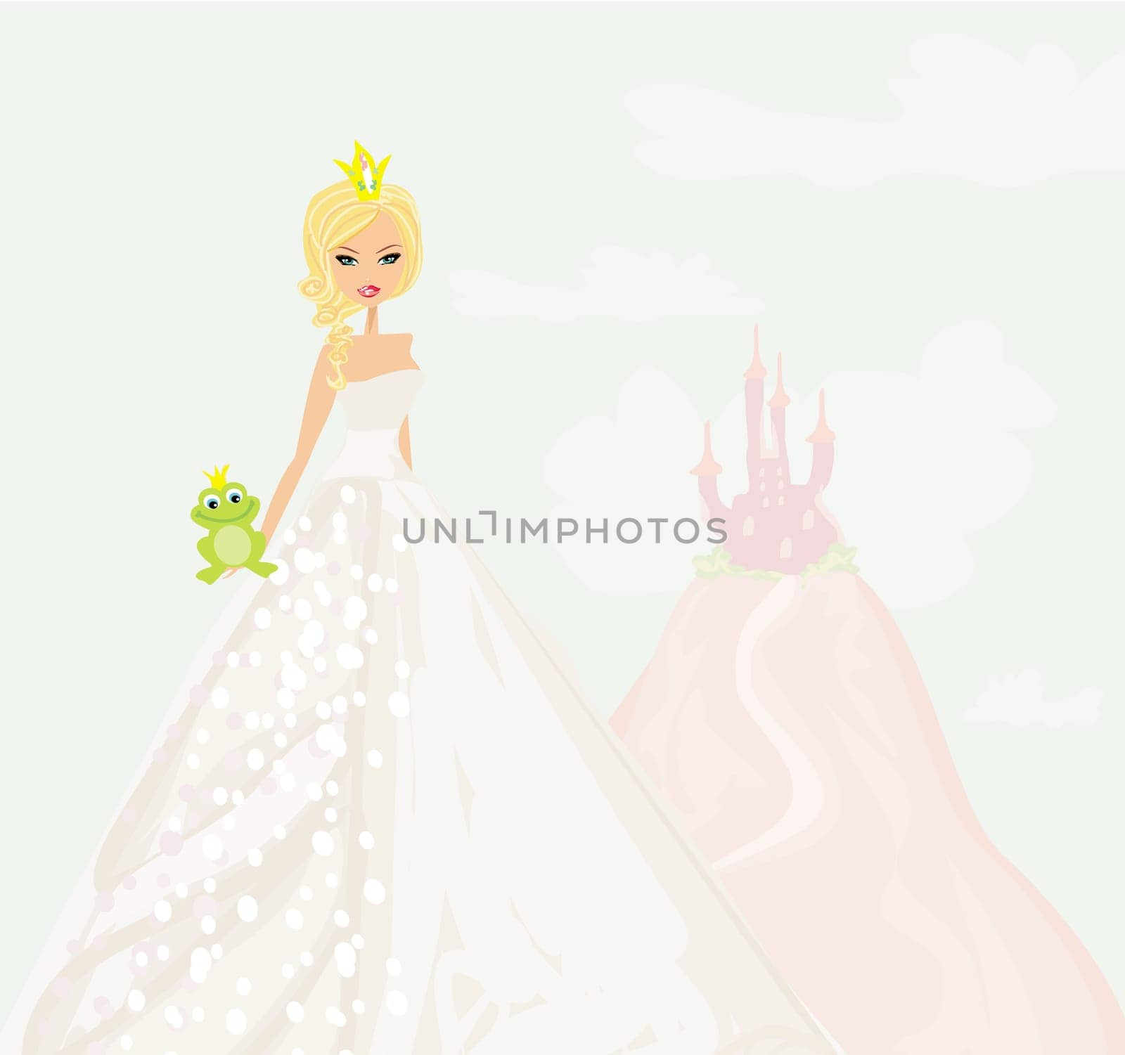 Beautiful young princess holding a big green frog