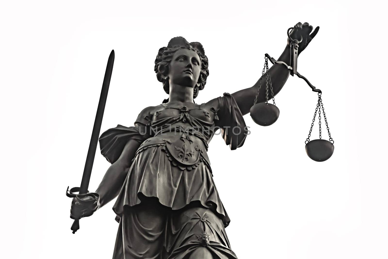 Symbol of Justizia figure in Frankfurt isolated over white background