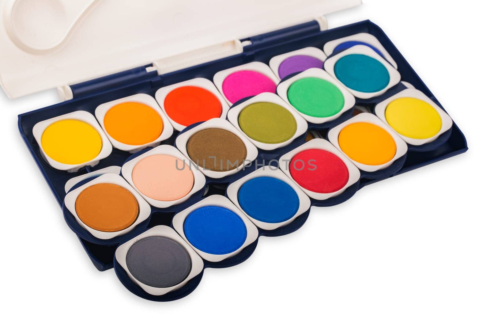New Paintbox with set of watercolors isolated over white background.
