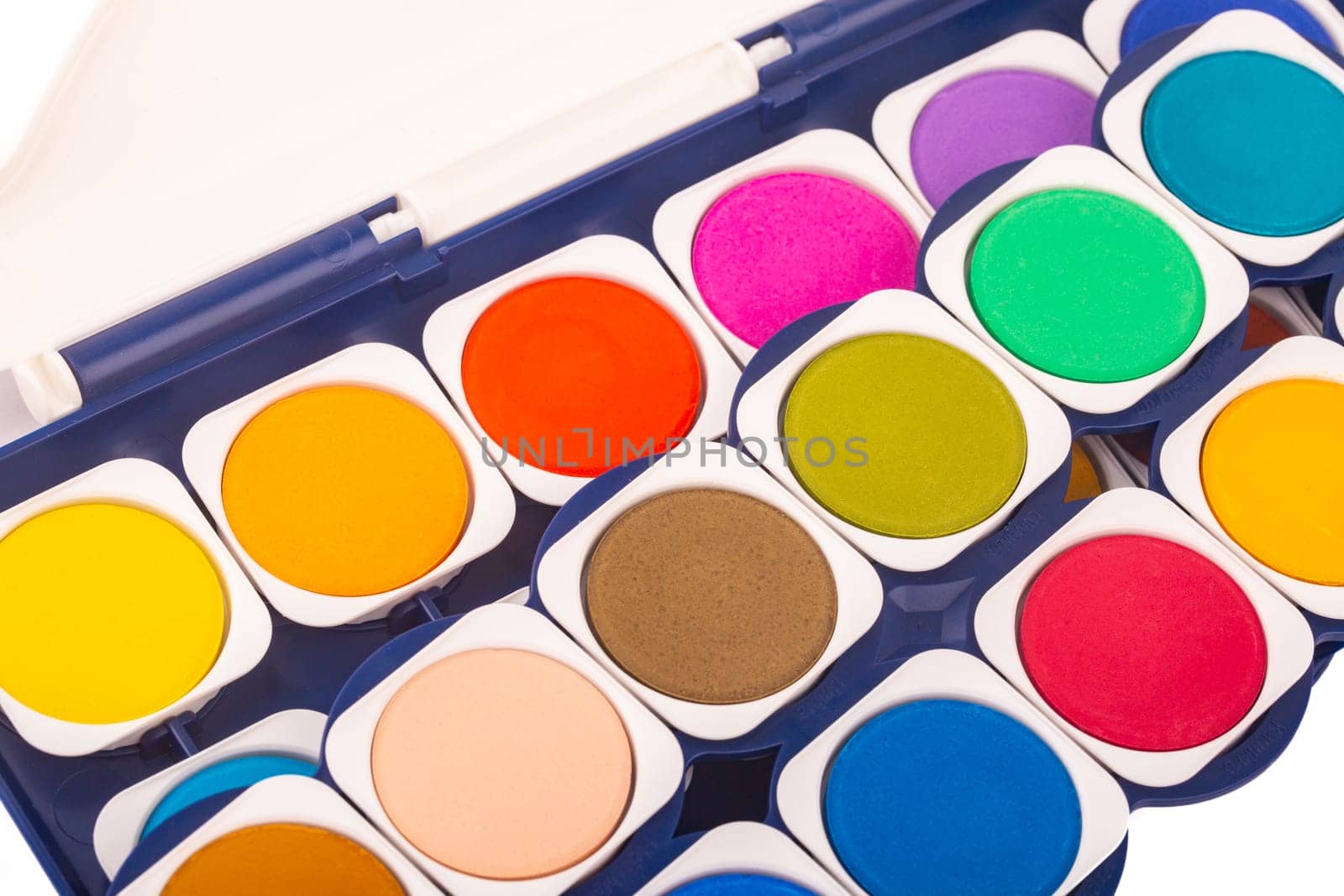 New Paintbox with set of watercolors isolated over white background.