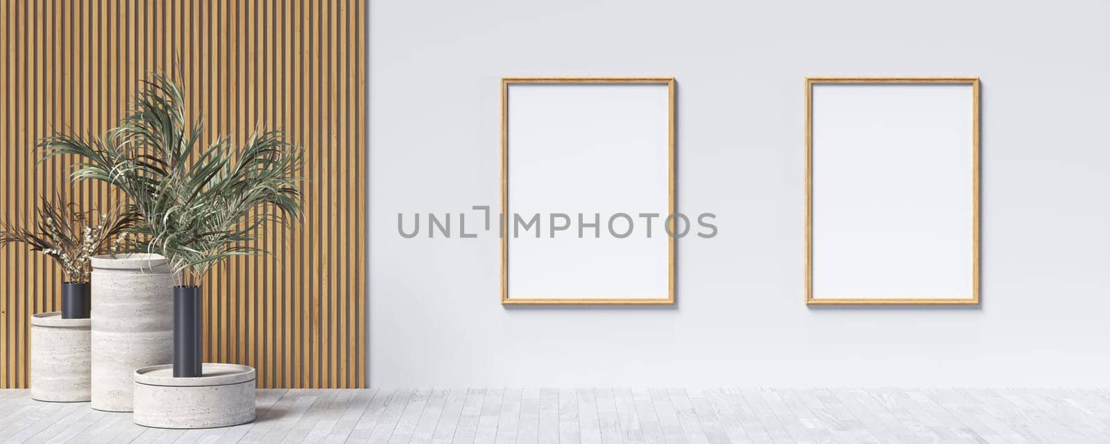 Two mock up poster frames with plants in modern interior background 3D render 3D illustration