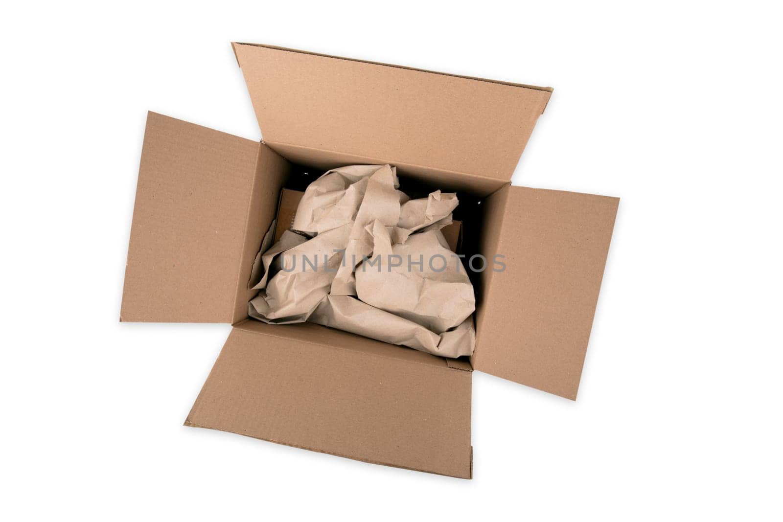 Open Shipping Parcel from above with wrappng paper isolated over white background