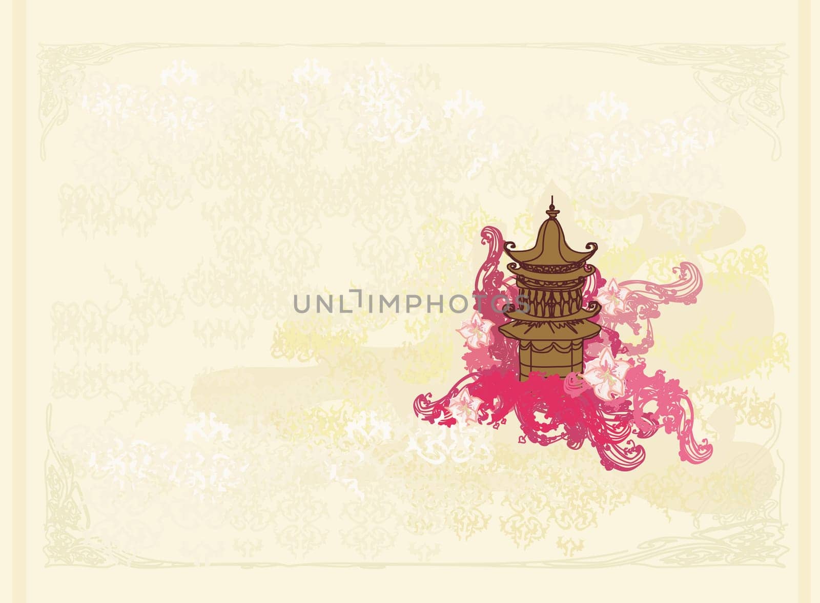 old paper with Chinese temple on abstract Asian Landscape