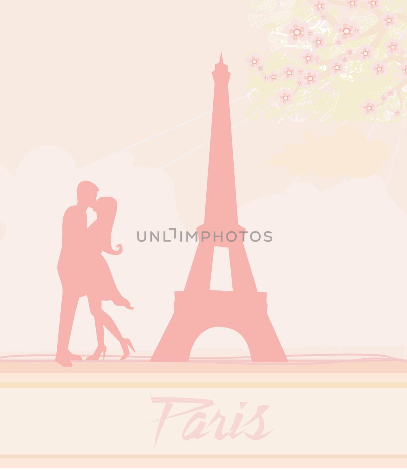 Romantic couple in Paris kissing near the Eiffel Tower