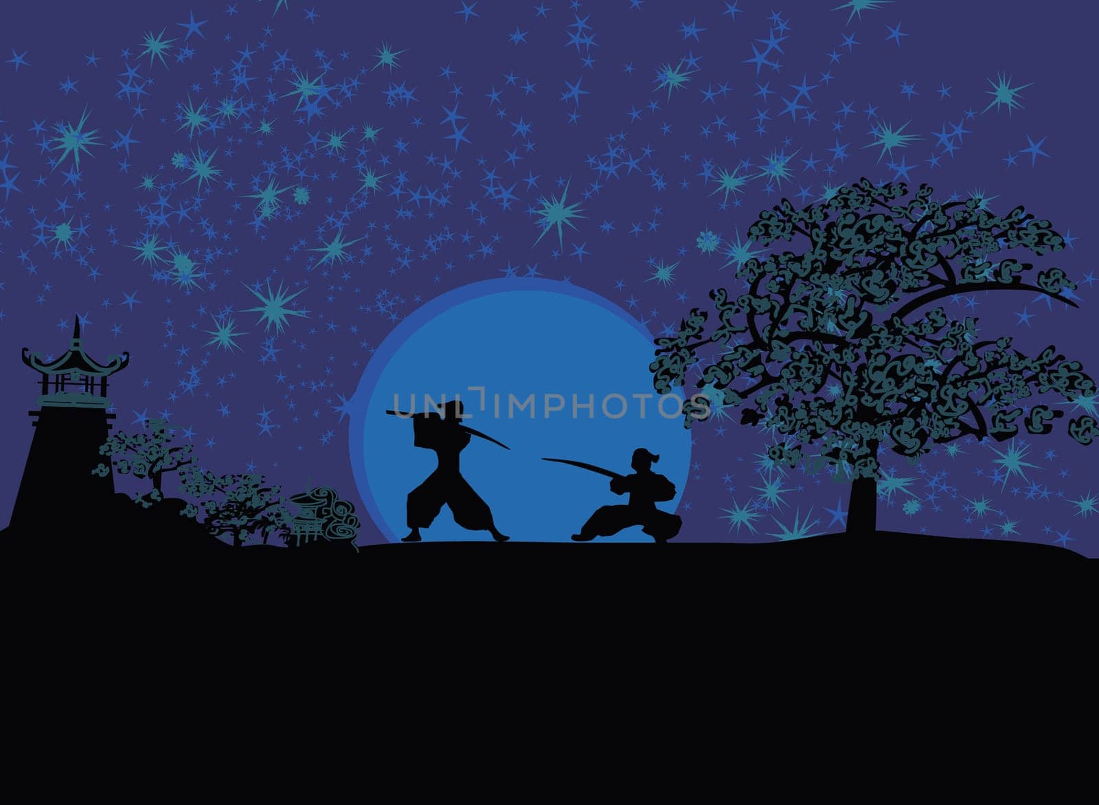 Samurai silhouette in Asian Landscape