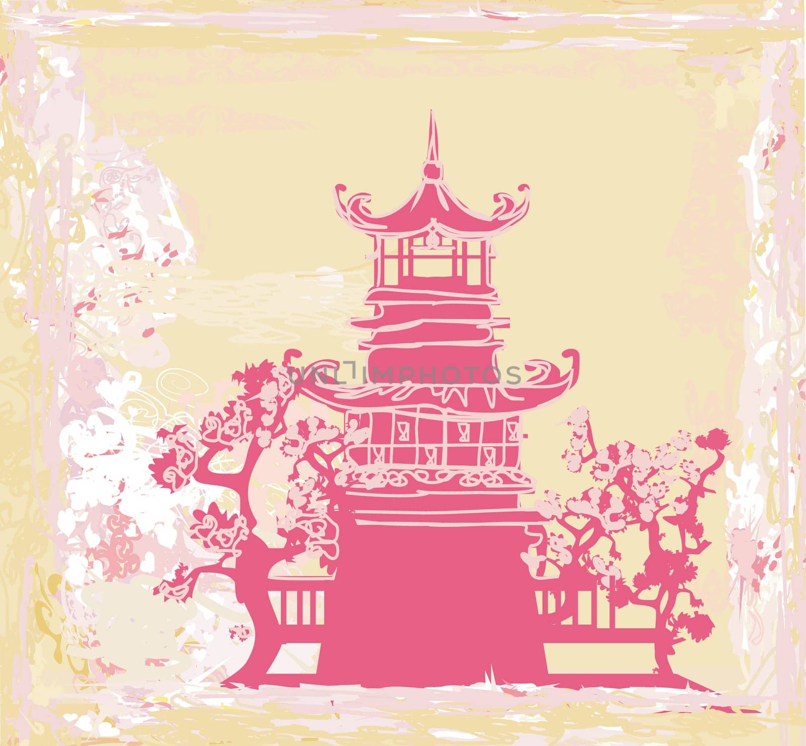 old paper with Chinese temple on abstract Asian Landscape