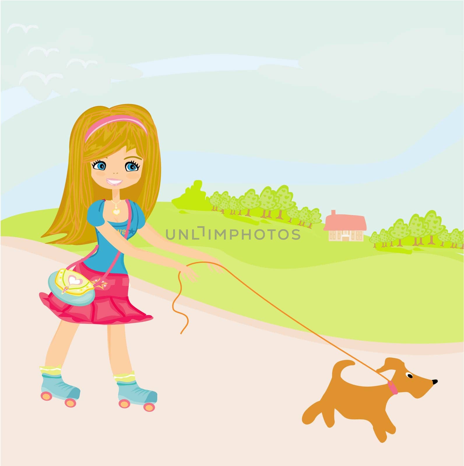 Girl rollerskating walking the dog on rural landscape