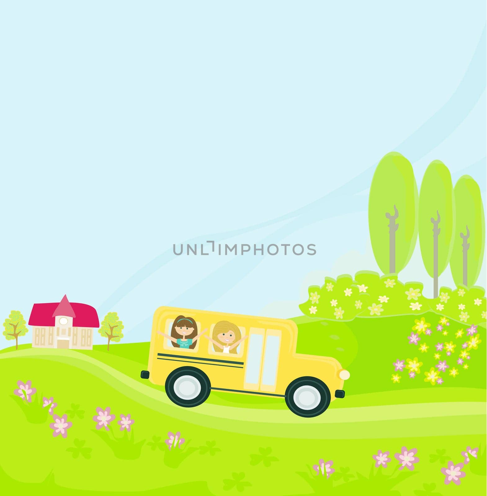 school bus heading to school with happy children
