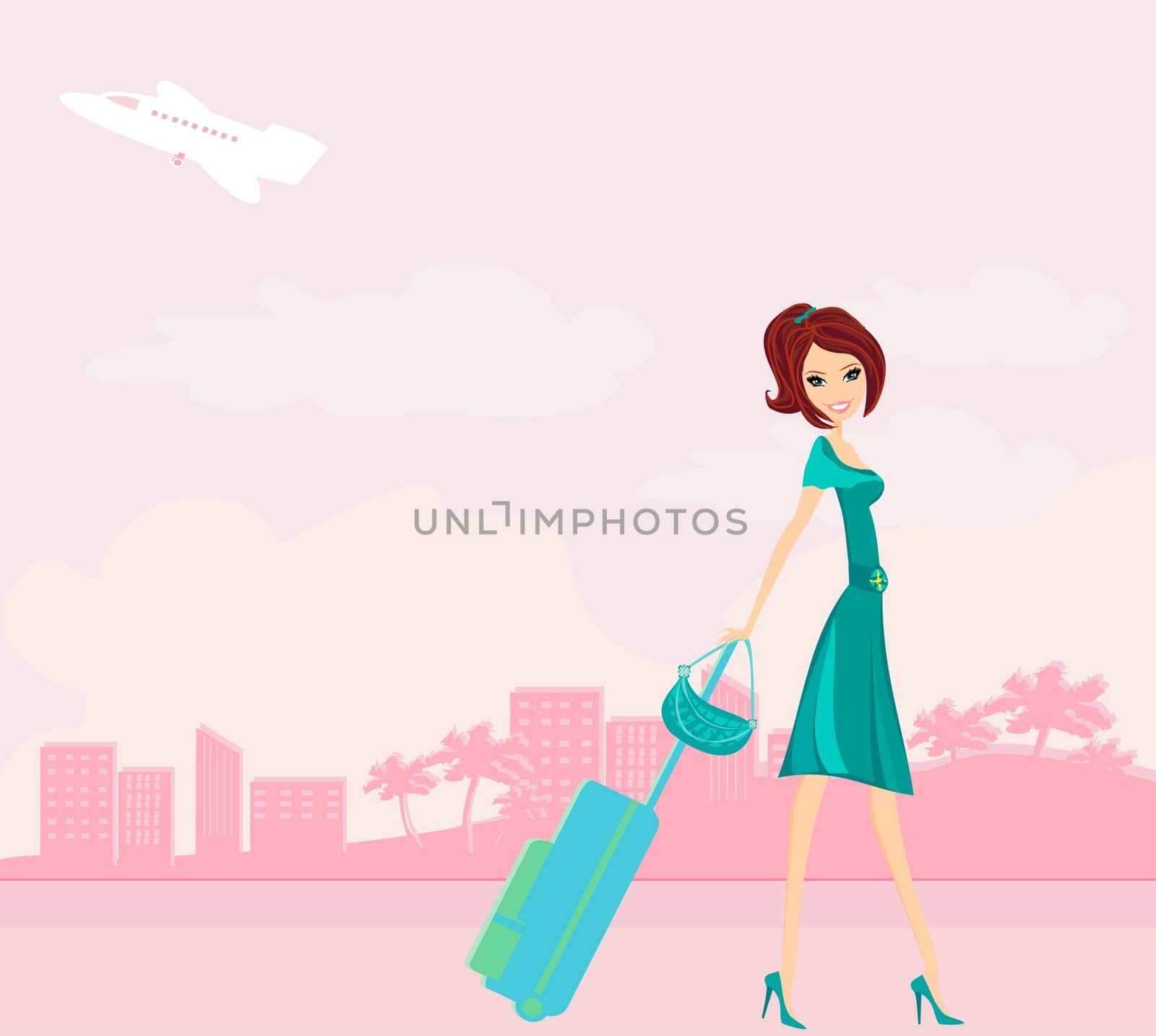 beauty travel girl with baggage on the airport