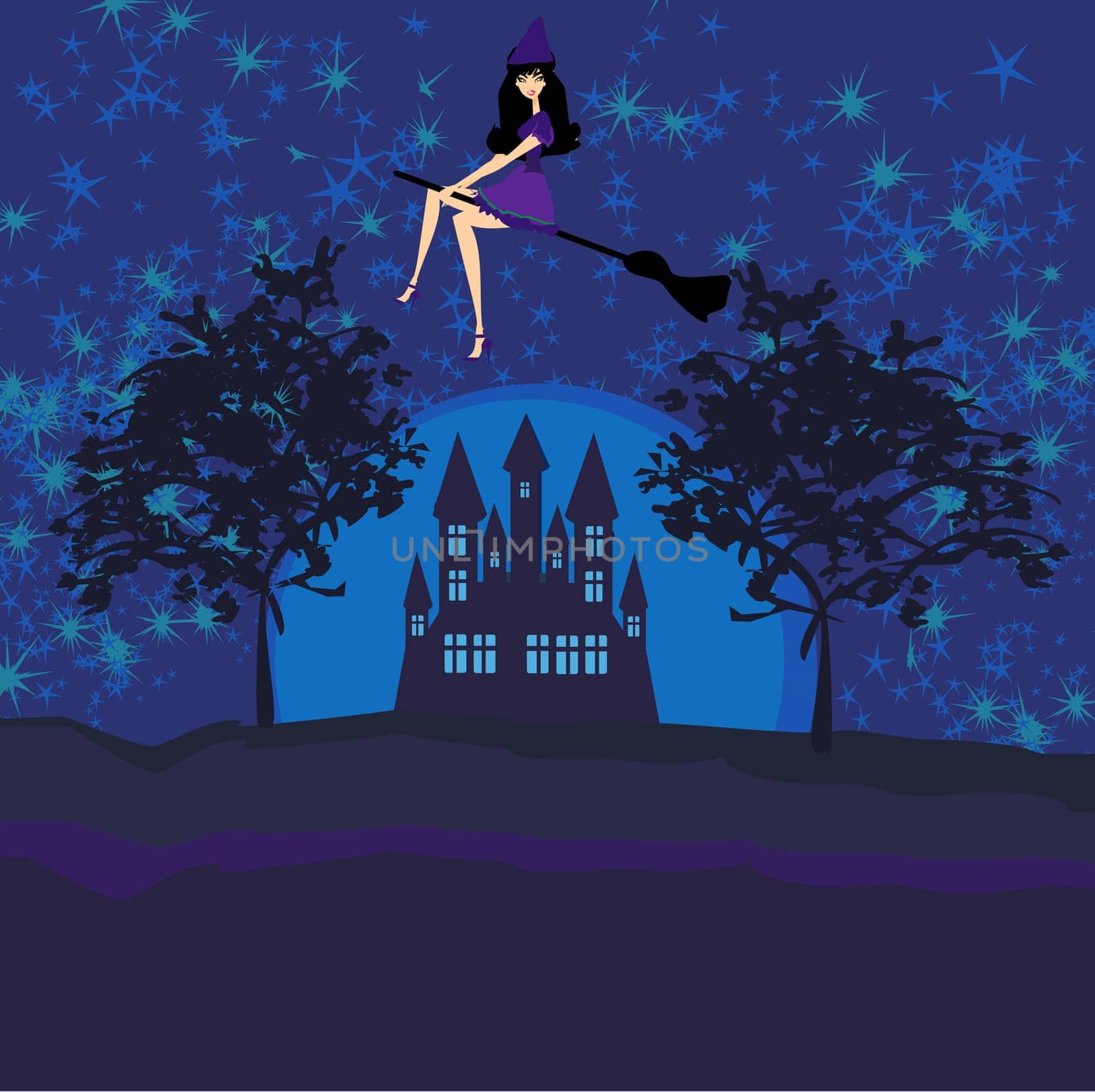 Witch flying on a broom in moonlight.