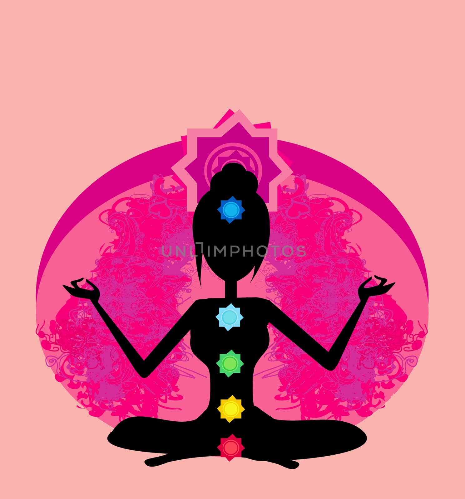 Yoga lotus pose. Padmasana with colored chakra points.