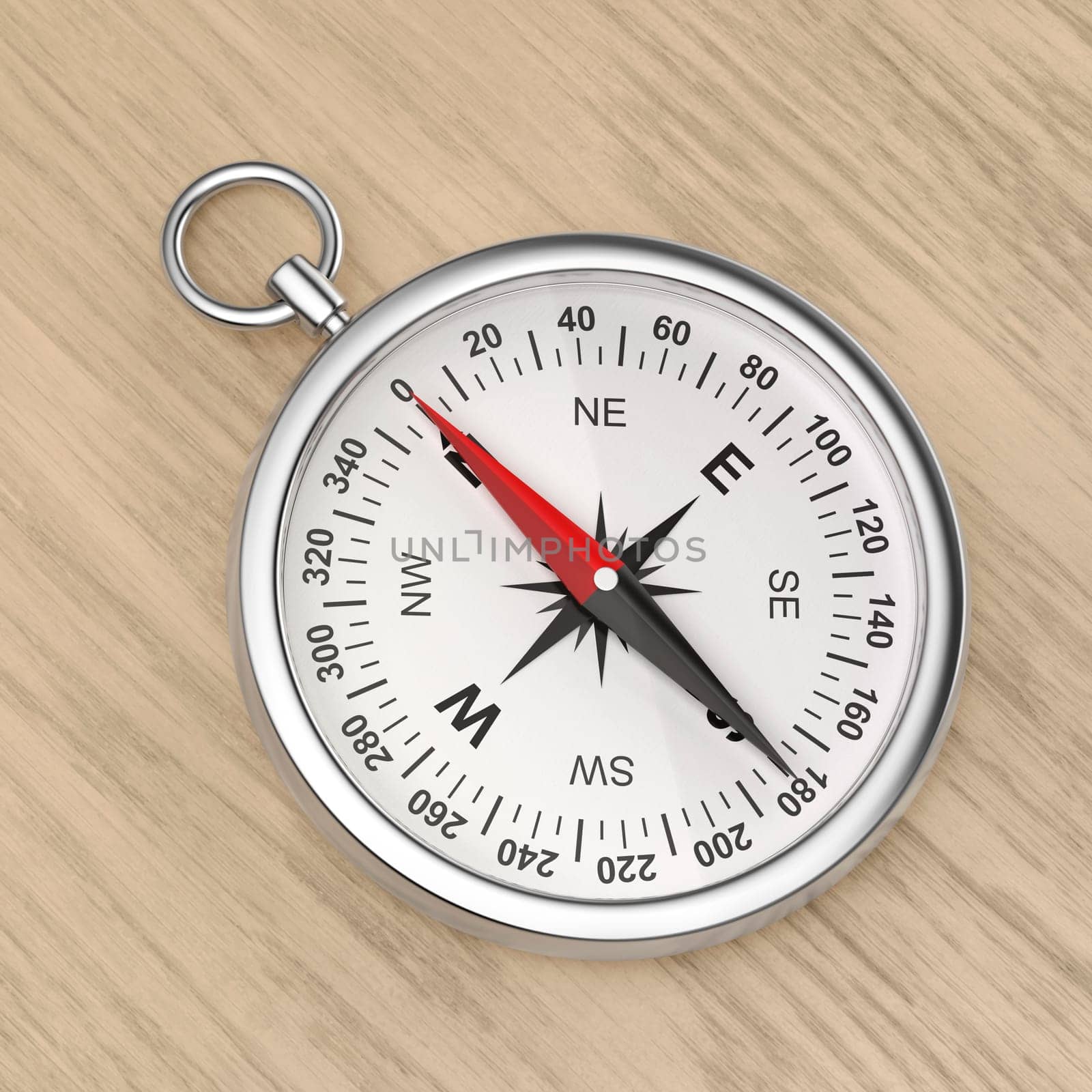 Silver compass on wooden table