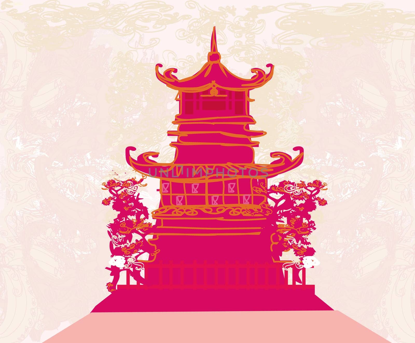 old paper with Chinese temple on abstract Asian Landscape