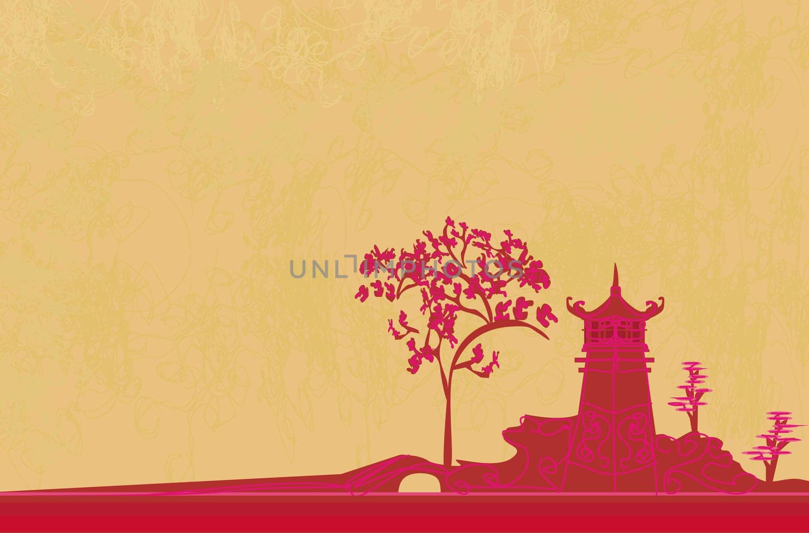 old paper with Chinese temple on abstract Asian Landscape